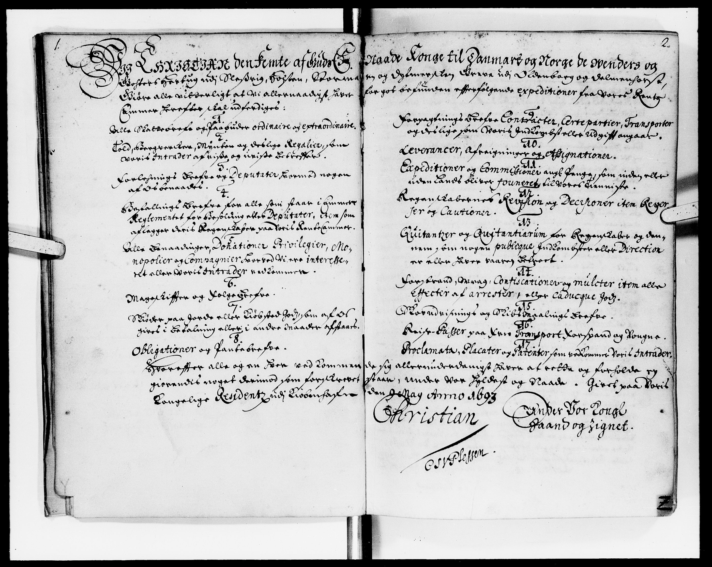 Rentekammeret Skatkammeret, Danske Sekretariat (1660-1679) / Rentekammeret Danske Afdeling, Kammerkancelliet (1679-1771), DRA/A-0007/-/2212-09: Ekspeditionsprotokol, 1692-1694, p. 1-2