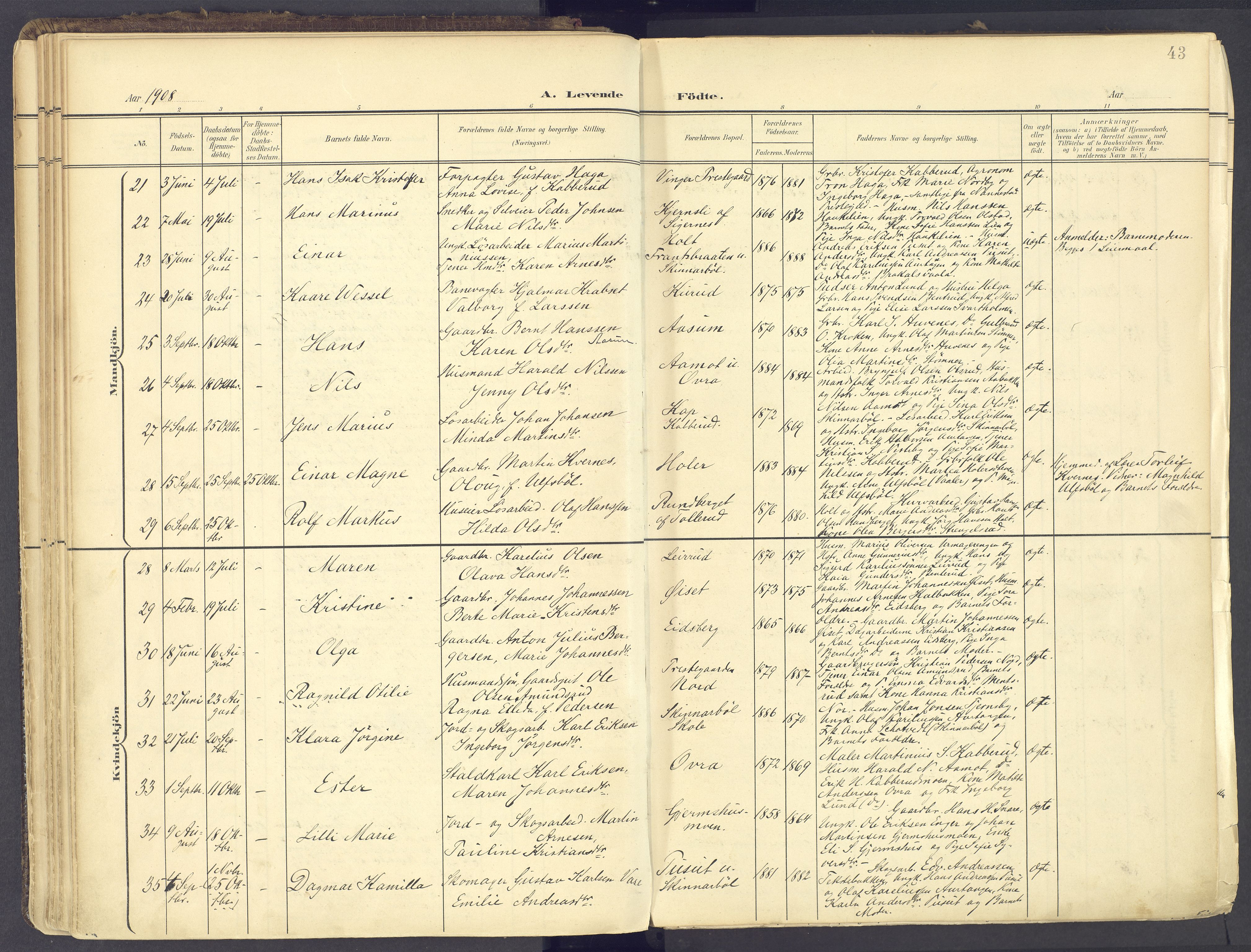 Vinger prestekontor, AV/SAH-PREST-024/H/Ha/Haa/L0017: Parish register (official) no. 17, 1901-1927, p. 43