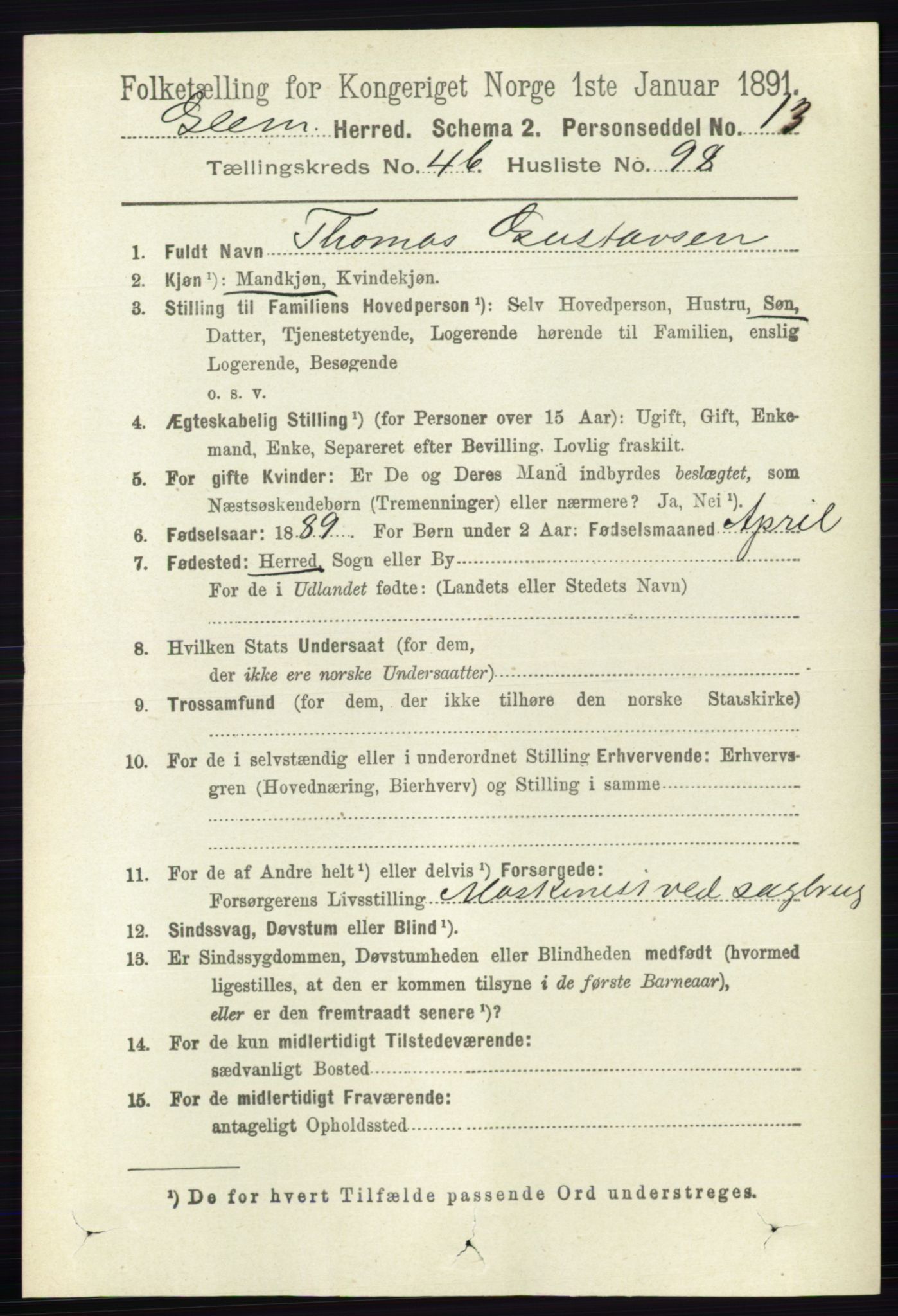 RA, 1891 census for 0132 Glemmen, 1891, p. 5889