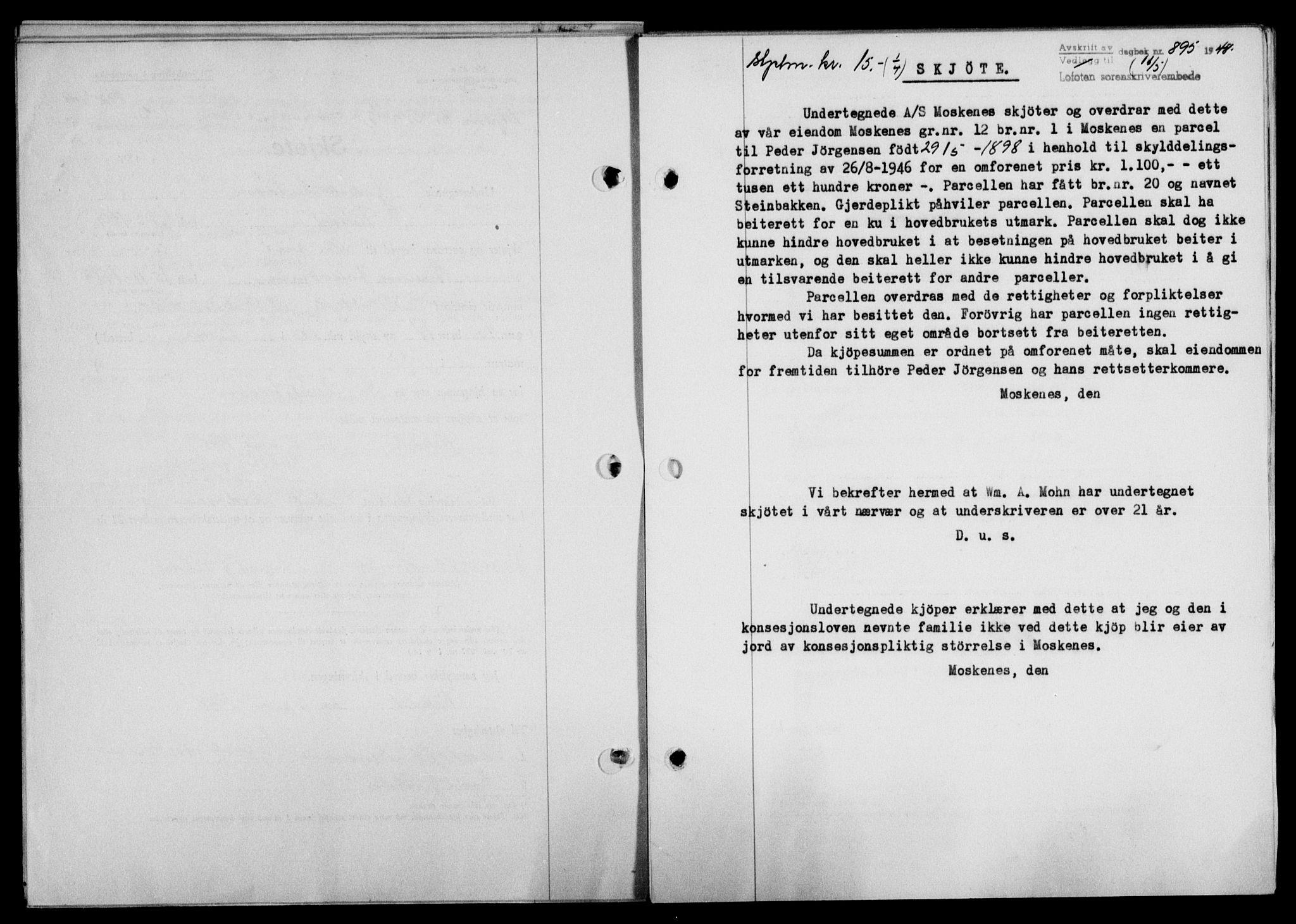 Lofoten sorenskriveri, SAT/A-0017/1/2/2C/L0018a: Mortgage book no. 18a, 1948-1948, Diary no: : 895/1948