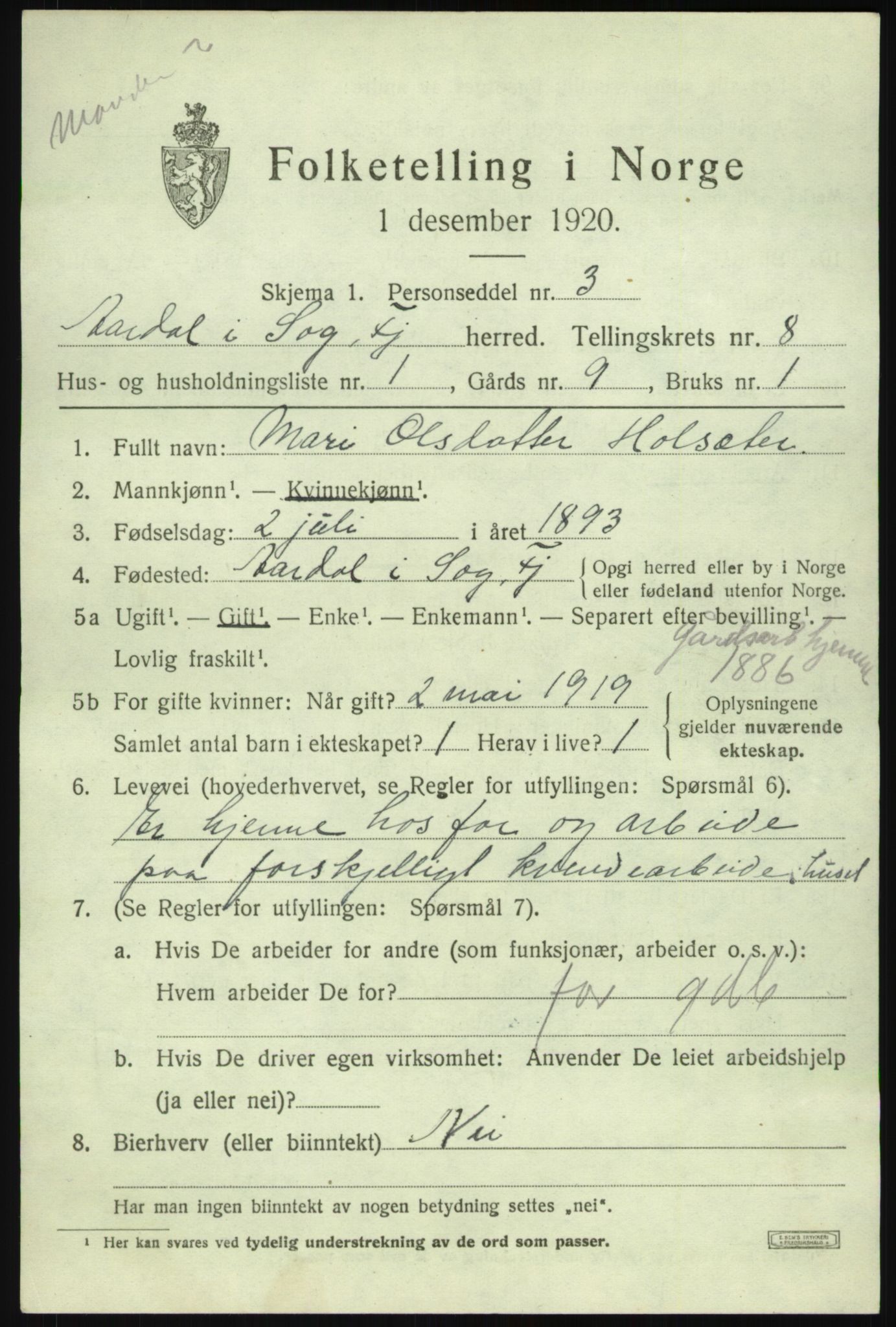 SAB, 1920 census for Årdal, 1920, p. 3491