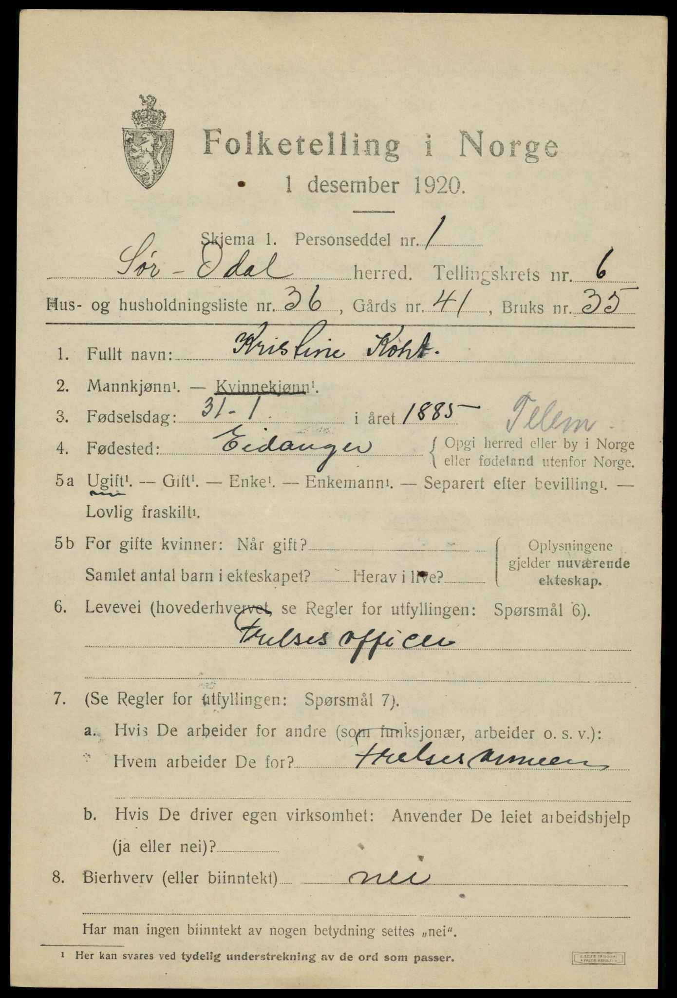 SAH, 1920 census for Sør-Odal, 1920, p. 7195