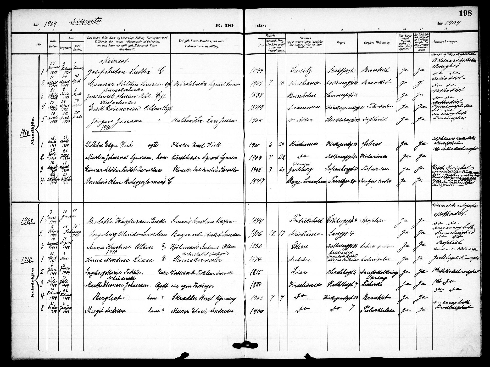 Petrus prestekontor Kirkebøker, AV/SAO-A-10872/F/Fa/L0010: Parish register (official) no. 10, 1904-1916, p. 198