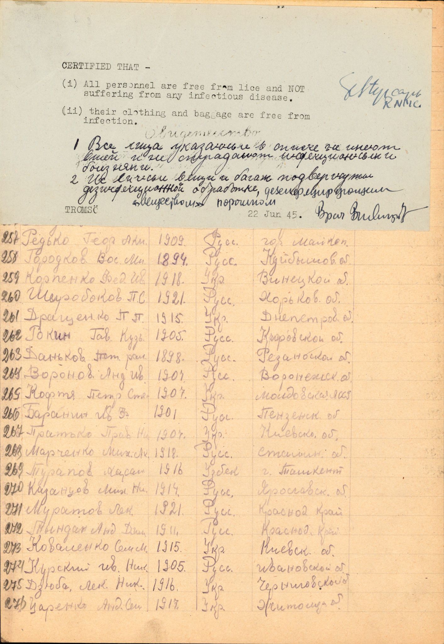 Flyktnings- og fangedirektoratet, Repatrieringskontoret, AV/RA-S-1681/D/Db/L0024: Displaced Persons (DPs) og sivile tyskere, 1945-1948, p. 174