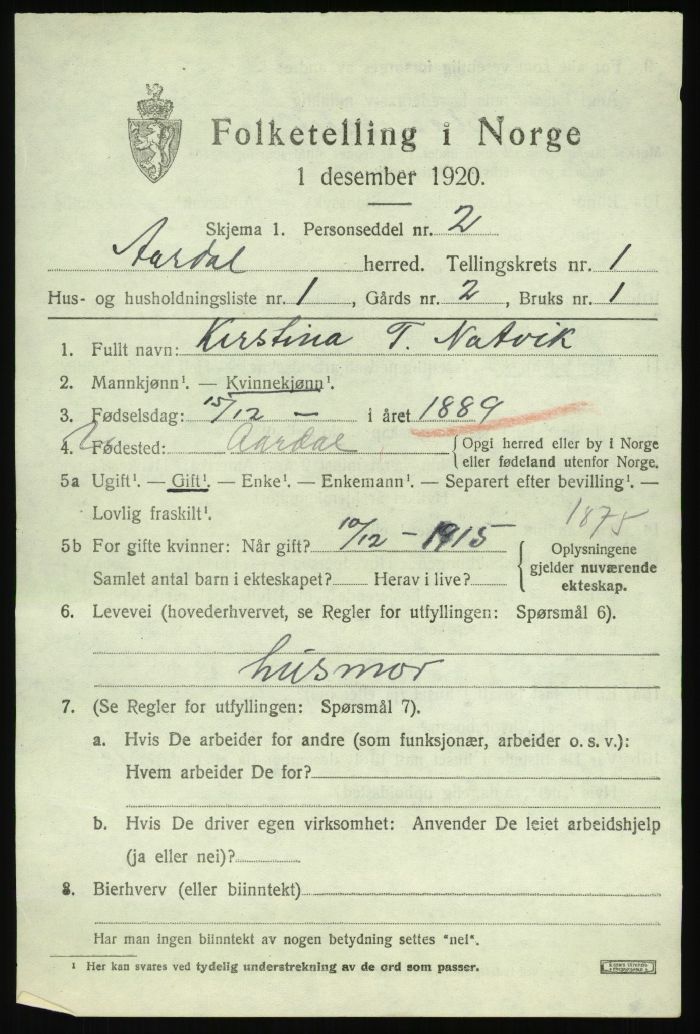 SAB, 1920 census for Årdal, 1920, p. 505