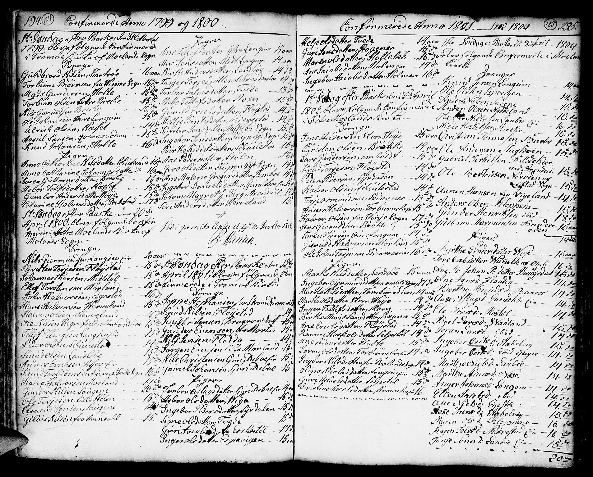 Austre Moland sokneprestkontor, SAK/1111-0001/F/Fa/Faa/L0002: Parish register (official) no. A 2, 1747-1808, p. 184-185