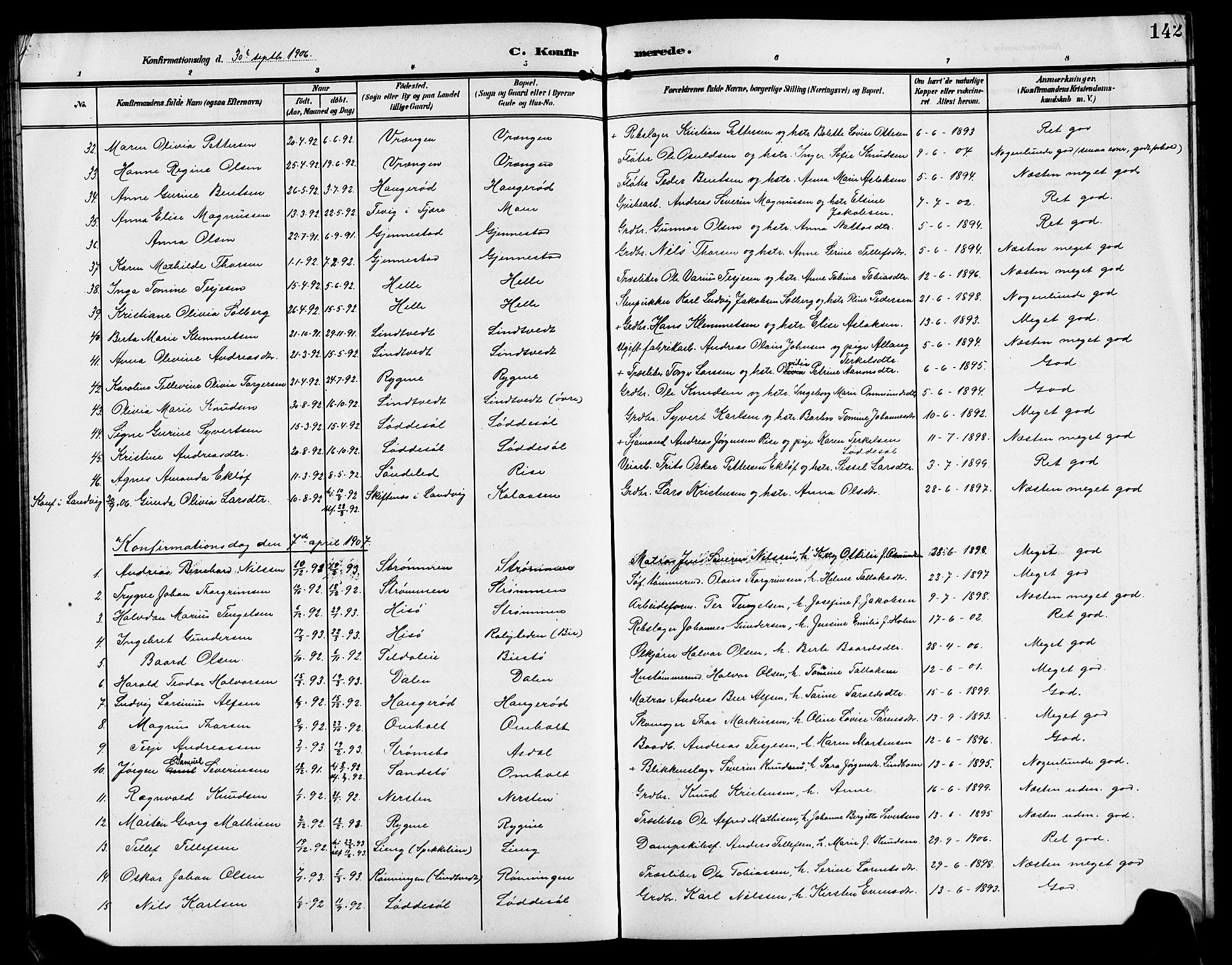 Øyestad sokneprestkontor, AV/SAK-1111-0049/F/Fb/L0011: Parish register (copy) no. B 11, 1906-1918, p. 142