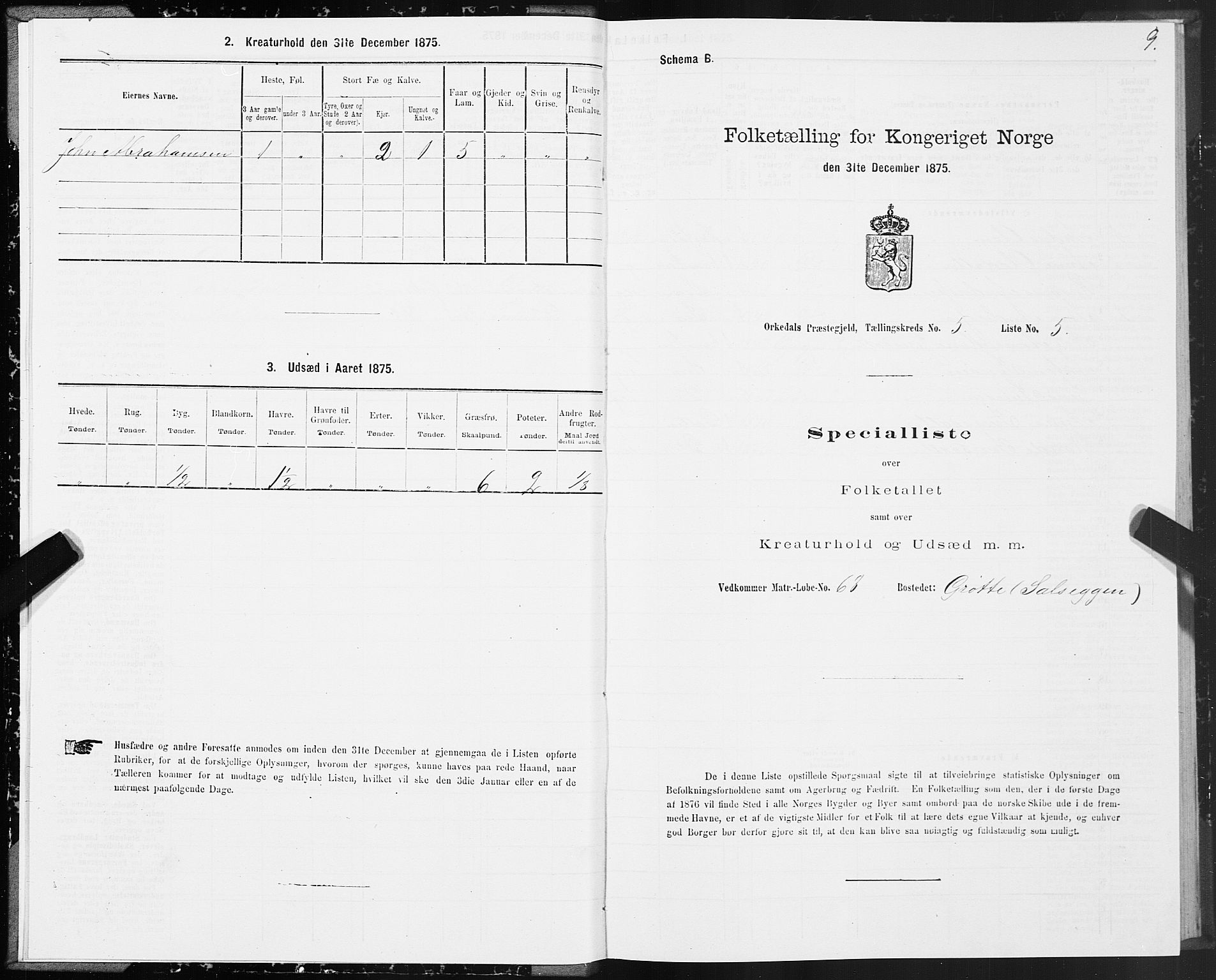 SAT, 1875 census for 1638P Orkdal, 1875, p. 3009