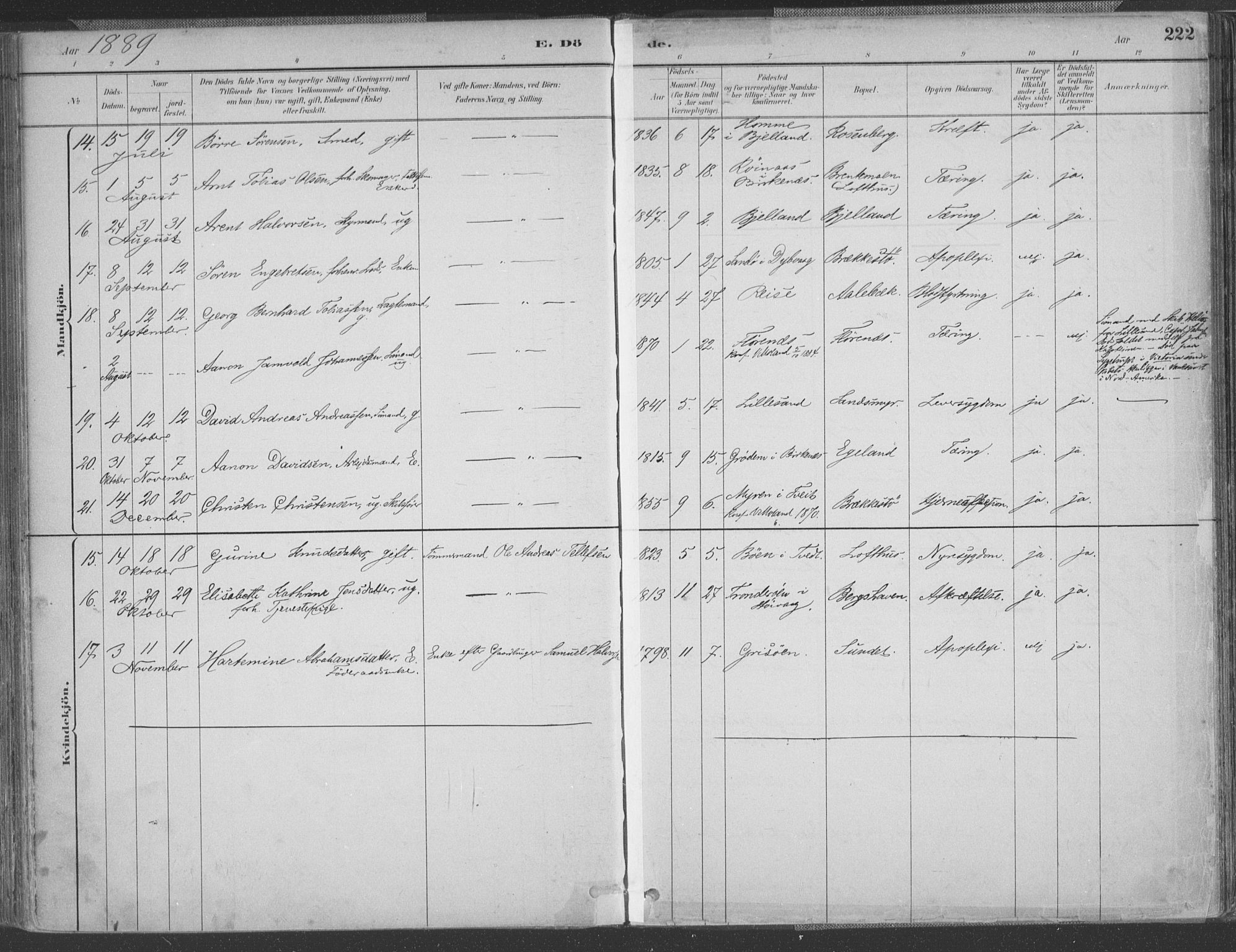 Vestre Moland sokneprestkontor, AV/SAK-1111-0046/F/Fa/Fab/L0009: Parish register (official) no. A 9, 1884-1899, p. 222