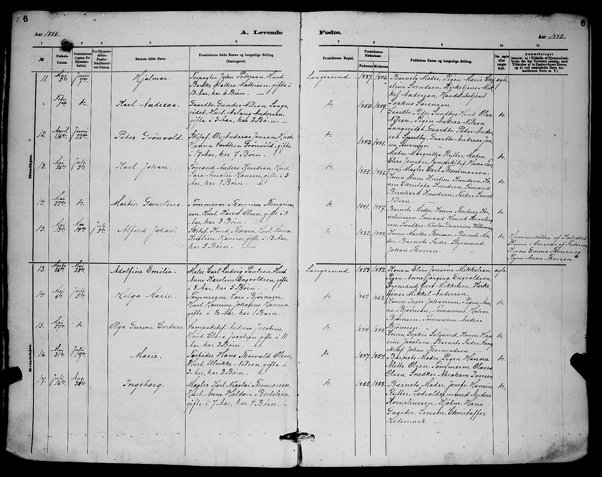 Langesund kirkebøker, AV/SAKO-A-280/G/Ga/L0005: Parish register (copy) no. 5, 1884-1898, p. 6