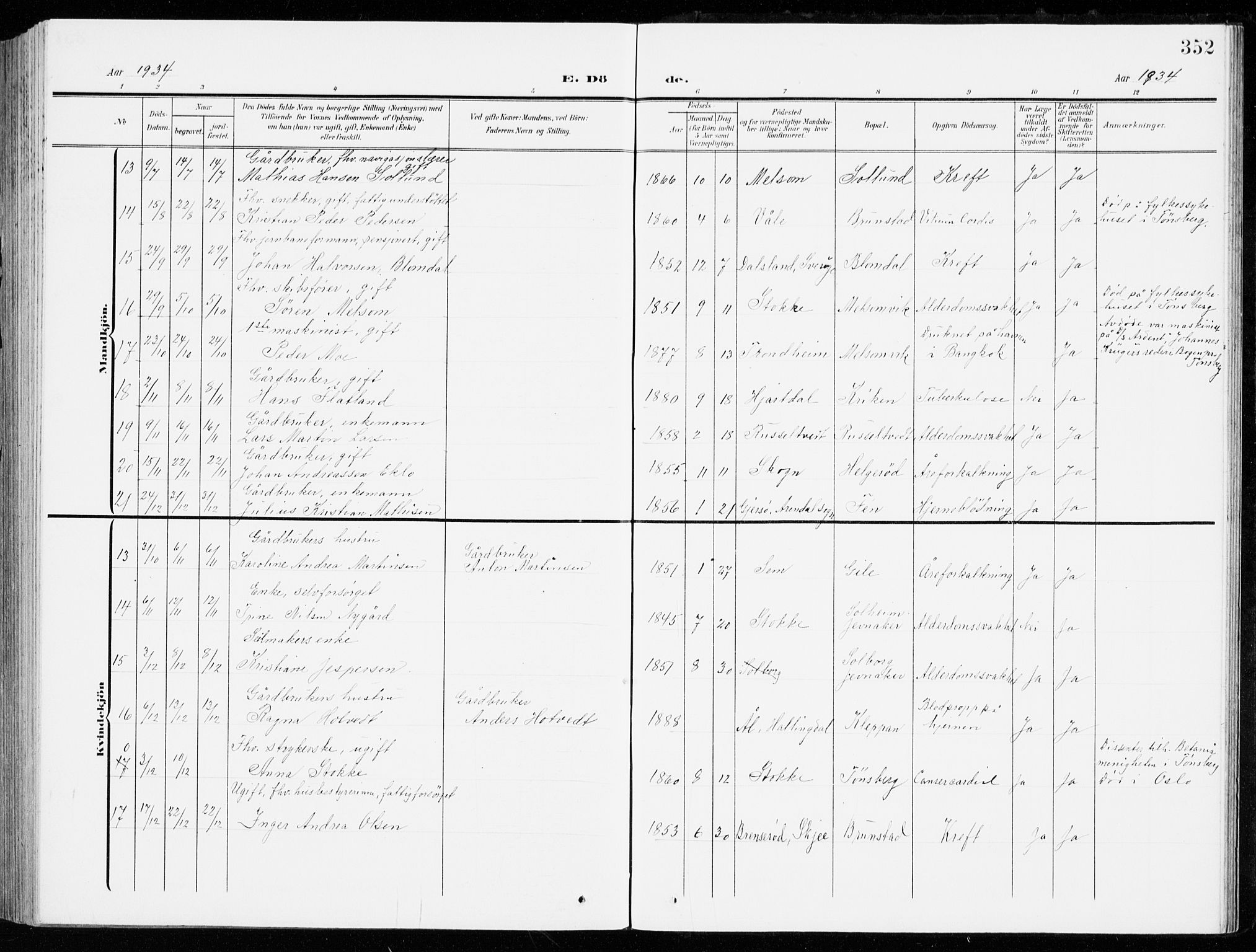 Stokke kirkebøker, SAKO/A-320/G/Ga/L0001: Parish register (copy) no. I 1, 1904-1940, p. 352