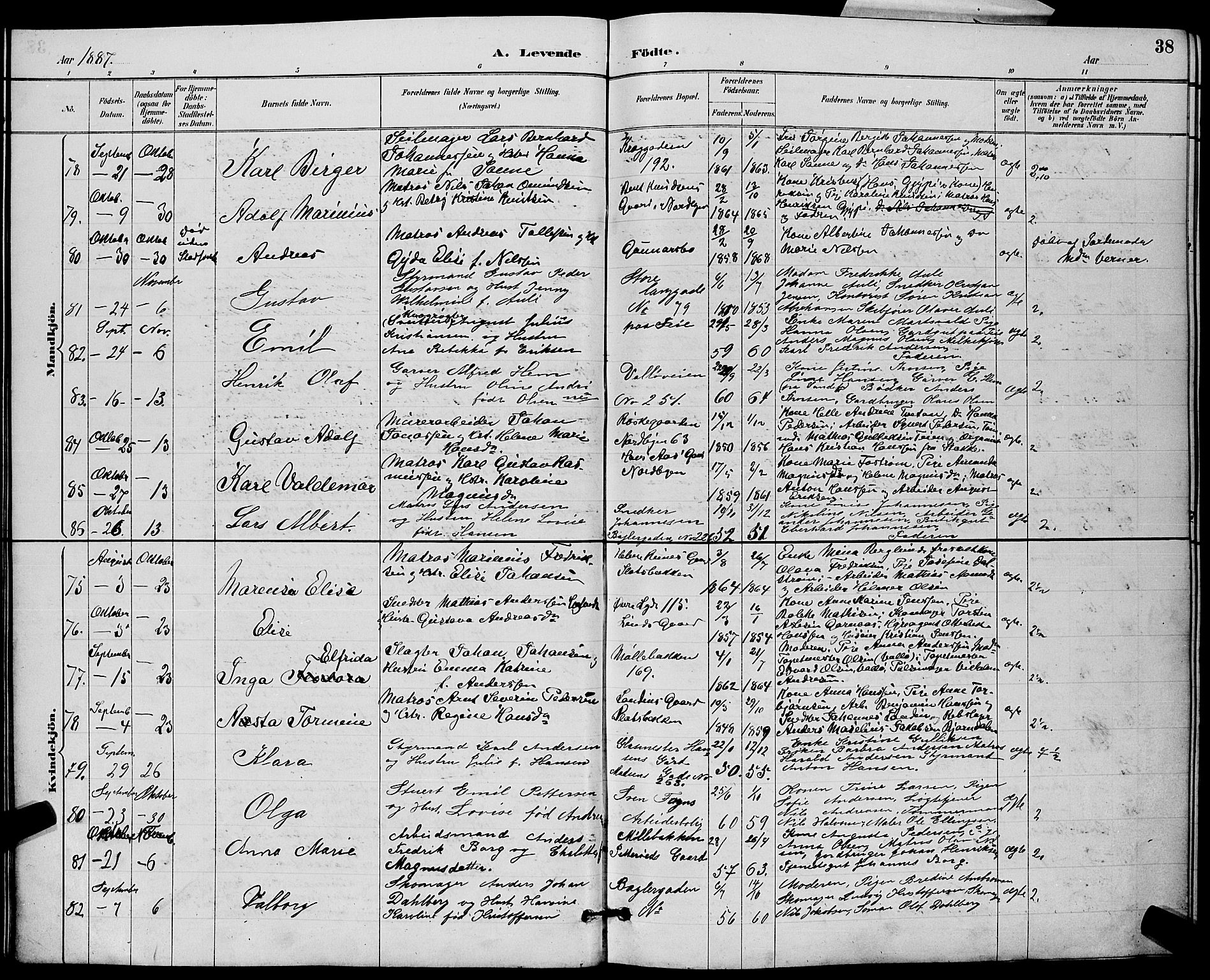 Tønsberg kirkebøker, AV/SAKO-A-330/G/Ga/L0006: Parish register (copy) no. 6, 1885-1895, p. 38