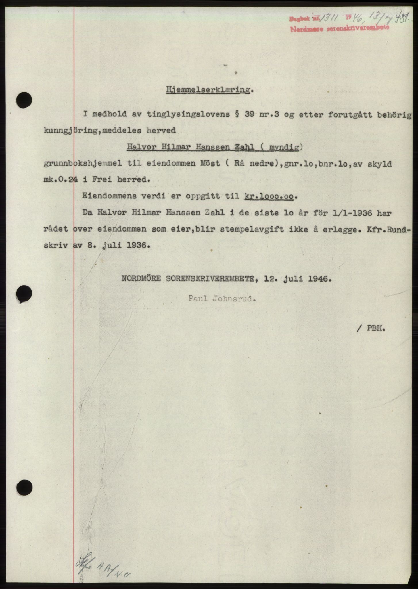 Nordmøre sorenskriveri, AV/SAT-A-4132/1/2/2Ca: Mortgage book no. B94, 1946-1946, Diary no: : 1311/1946