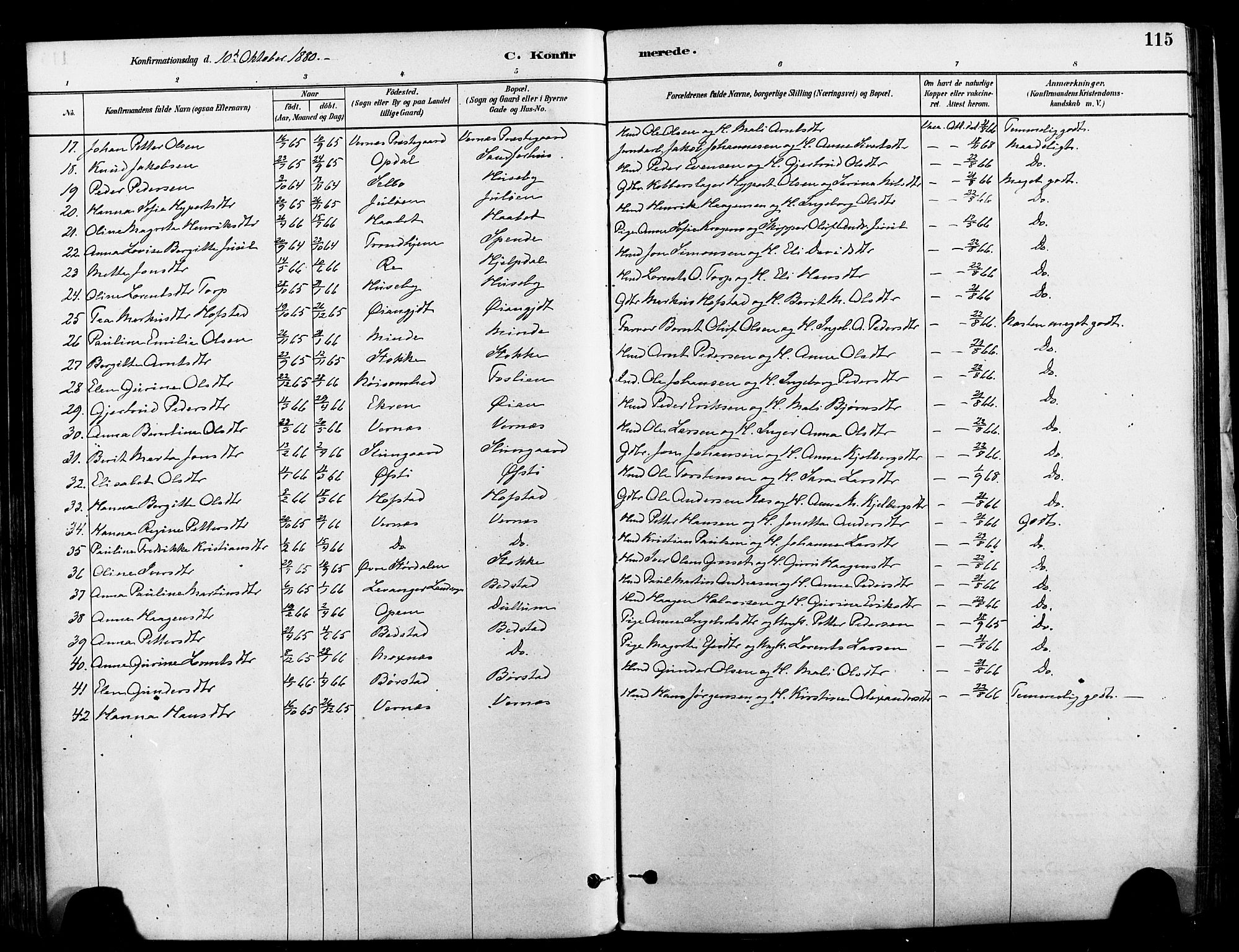 Ministerialprotokoller, klokkerbøker og fødselsregistre - Nord-Trøndelag, SAT/A-1458/709/L0077: Parish register (official) no. 709A17, 1880-1895, p. 115