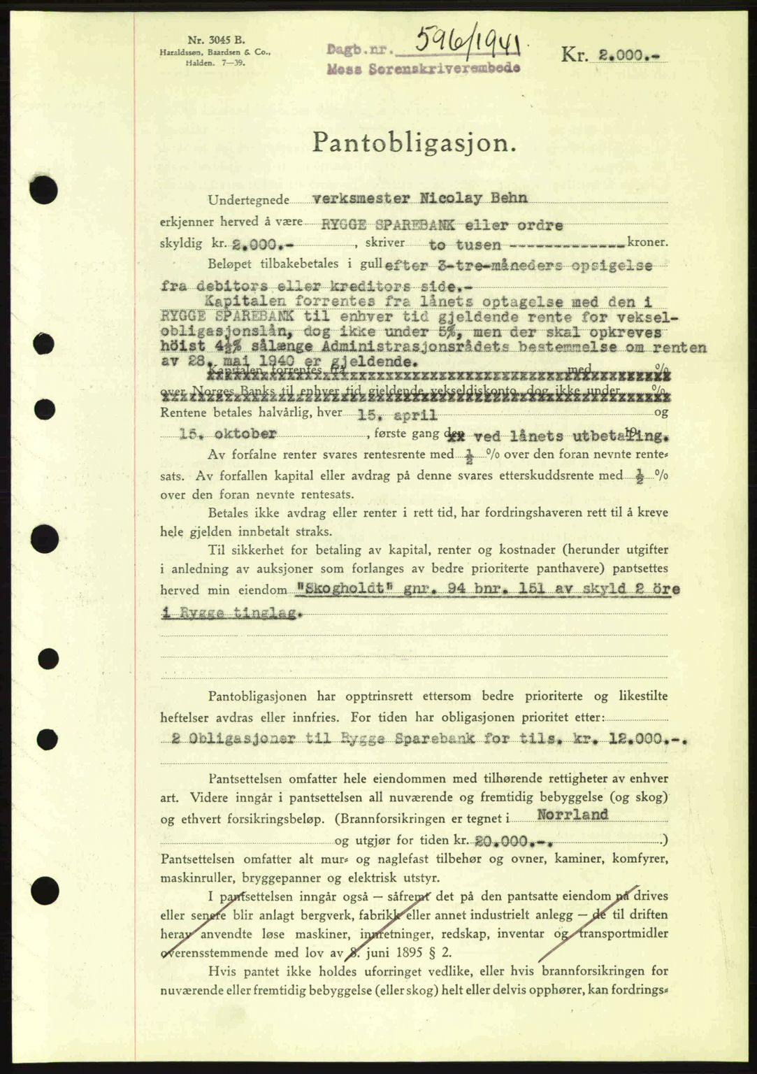 Moss sorenskriveri, SAO/A-10168: Mortgage book no. B10, 1940-1941, Diary no: : 596/1941