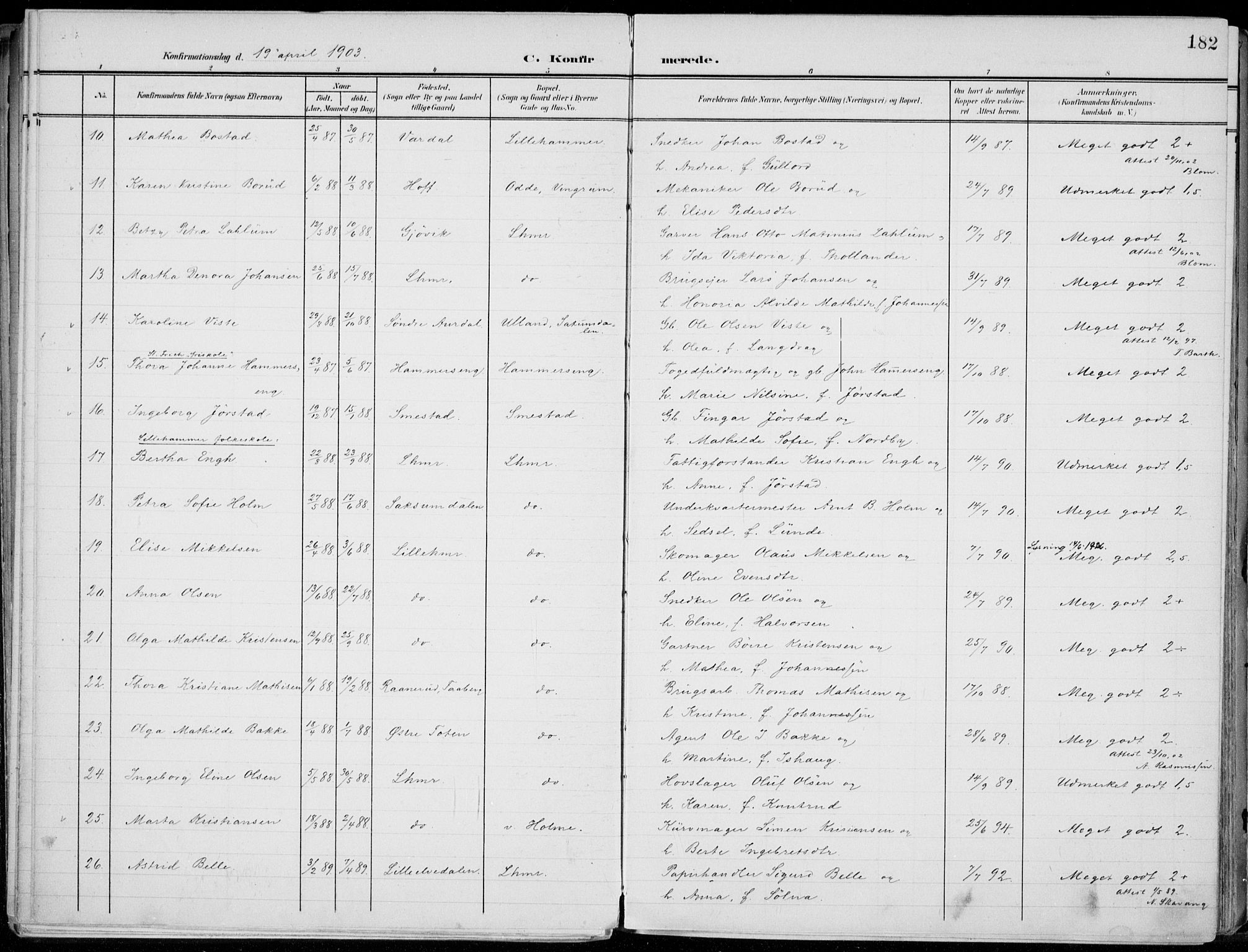 Lillehammer prestekontor, AV/SAH-PREST-088/H/Ha/Haa/L0001: Parish register (official) no. 1, 1901-1916, p. 182