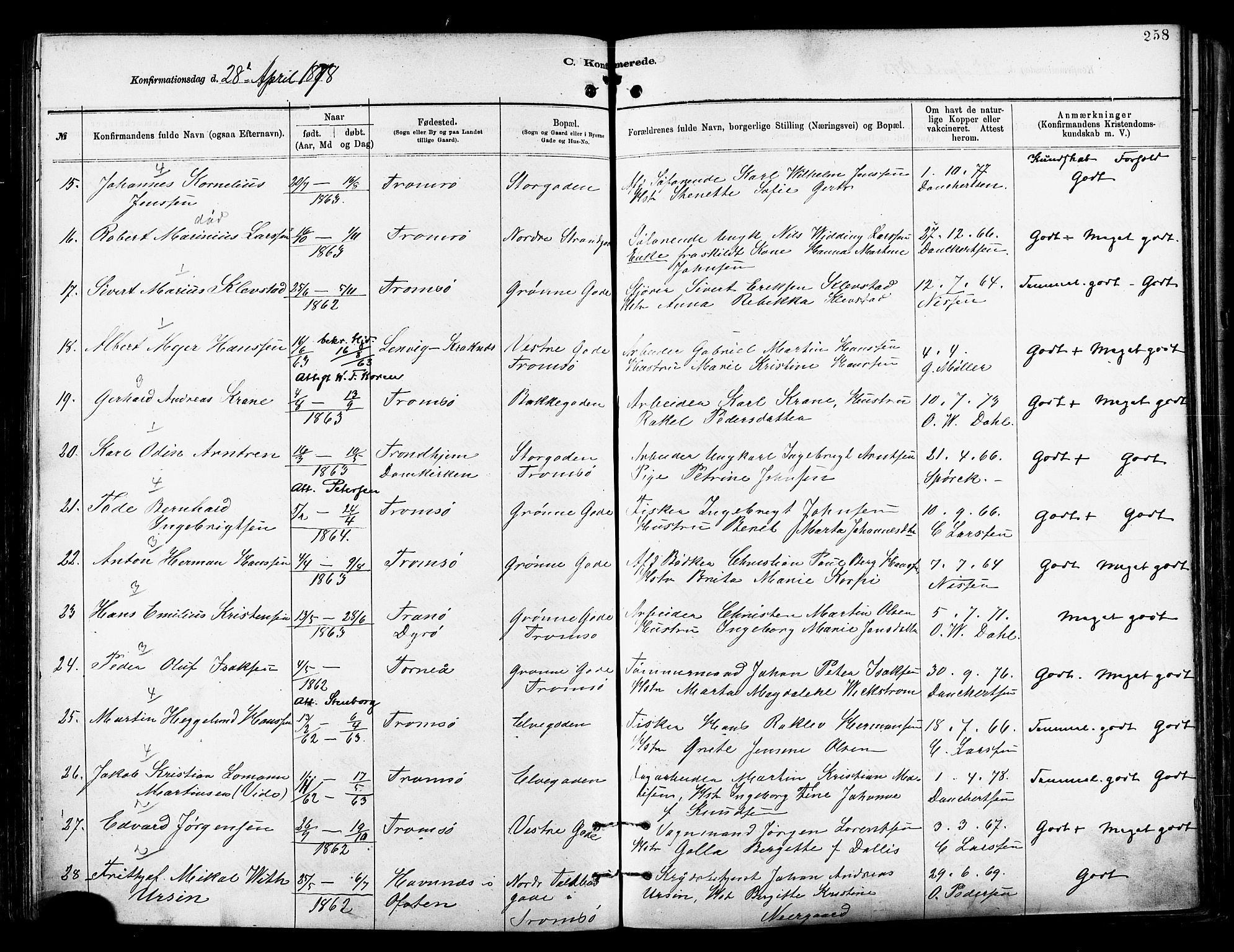 Tromsø sokneprestkontor/stiftsprosti/domprosti, SATØ/S-1343/G/Ga/L0014kirke: Parish register (official) no. 14, 1878-1888, p. 258