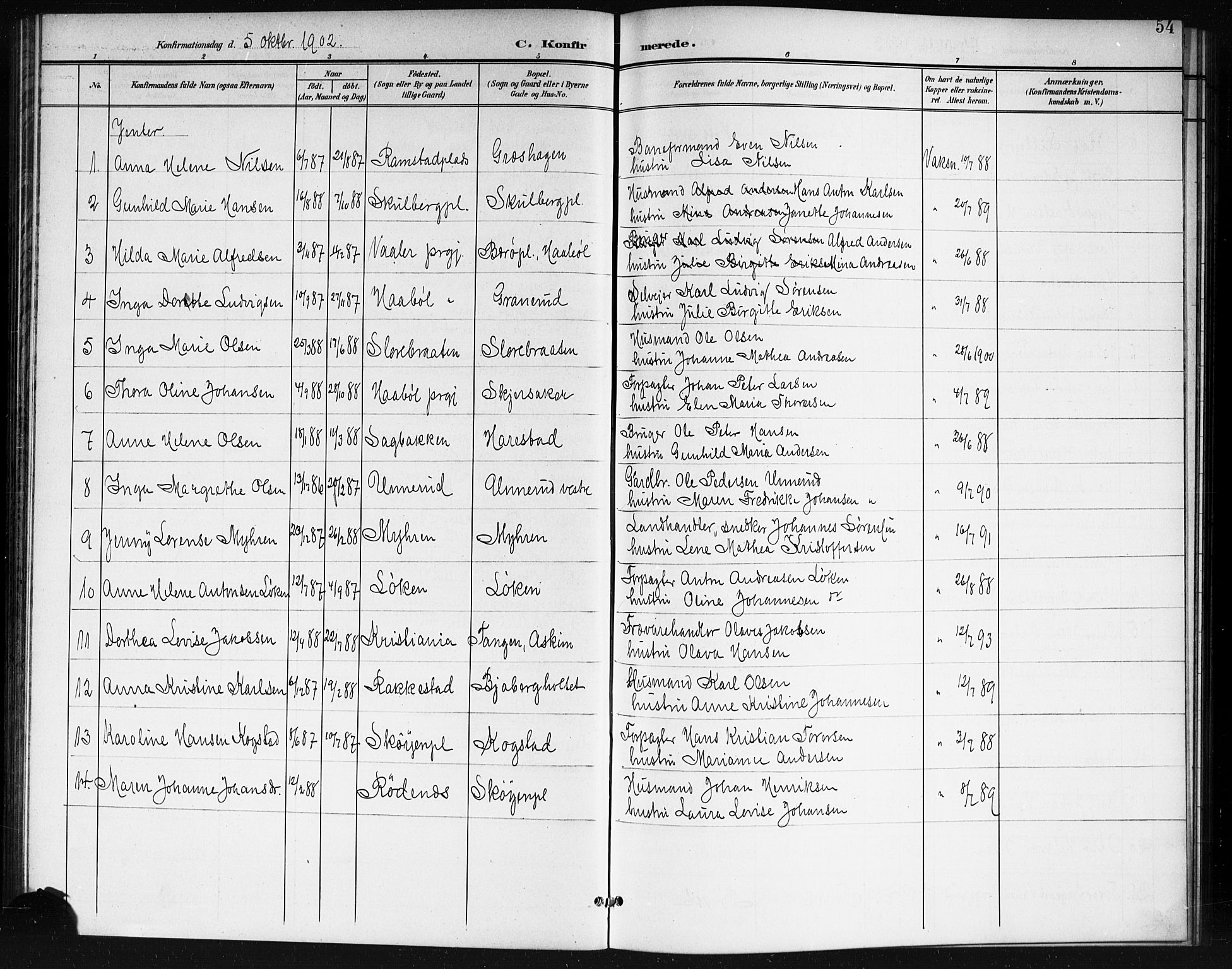 Spydeberg prestekontor Kirkebøker, SAO/A-10924/G/Ga/L0002: Parish register (copy) no. I 2, 1901-1922, p. 54