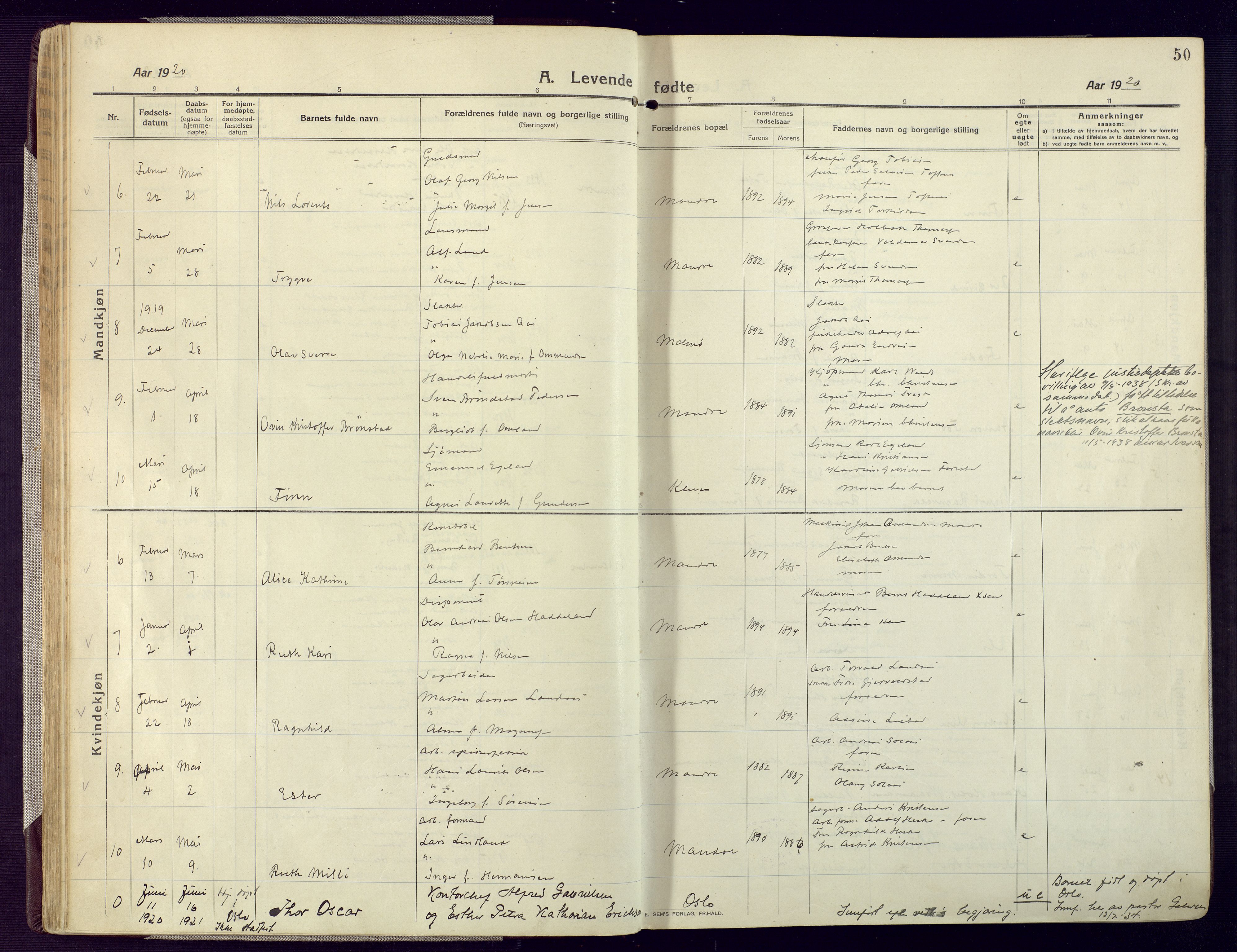 Mandal sokneprestkontor, AV/SAK-1111-0030/F/Fa/Fac/L0001: Parish register (official) no. A 1, 1913-1925, p. 50