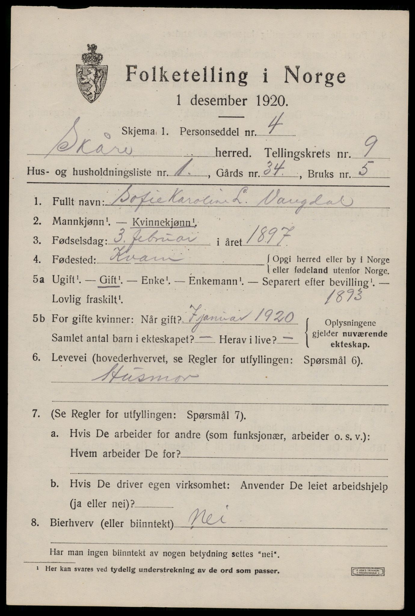 SAST, 1920 census for Skåre, 1920, p. 6836