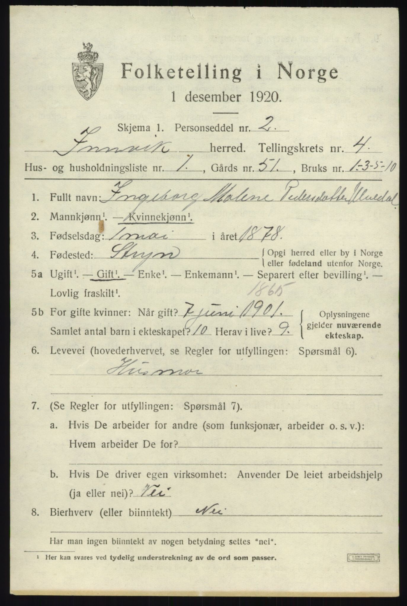 SAB, 1920 census for Innvik, 1920, p. 2175