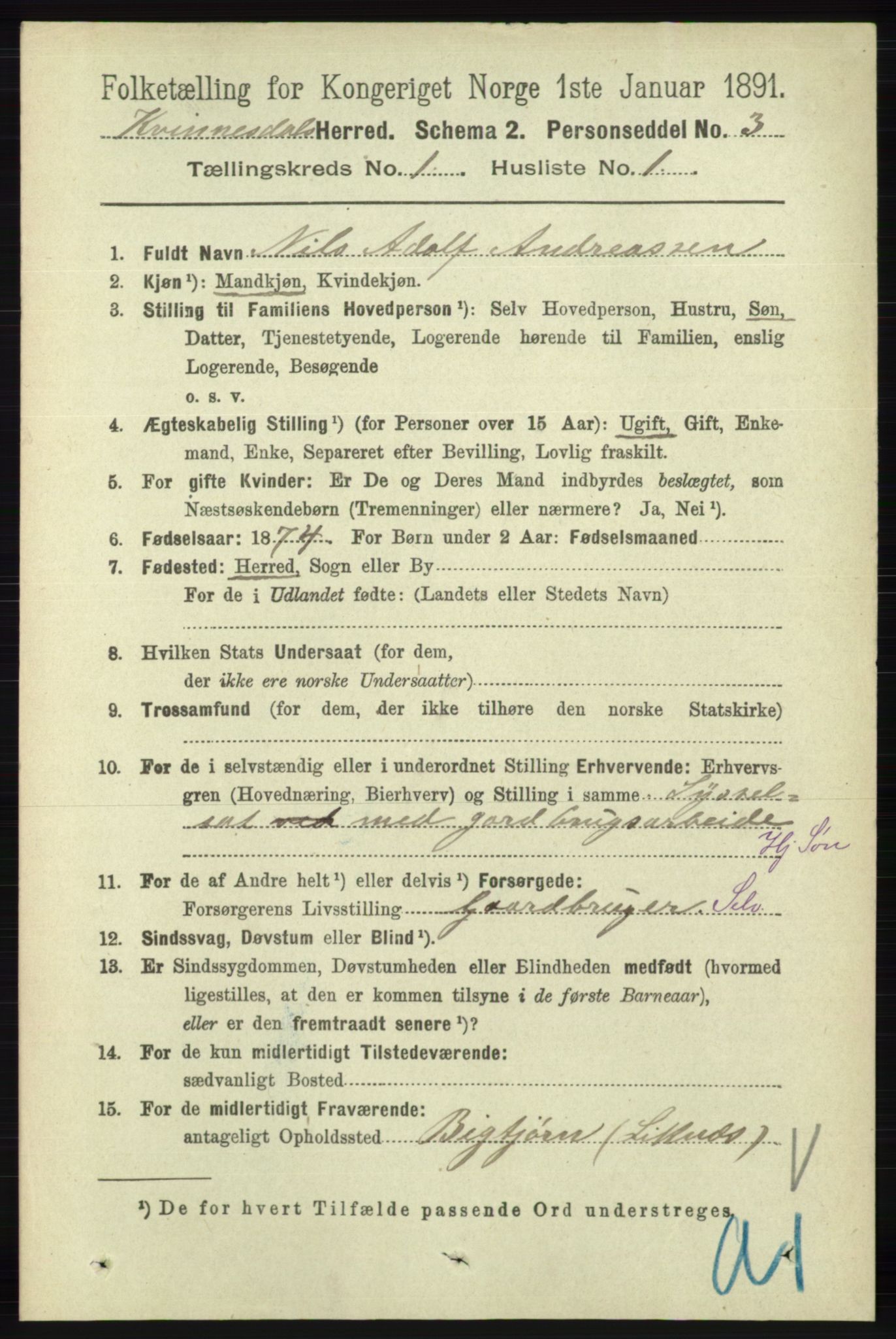 RA, 1891 census for 1037 Kvinesdal, 1891, p. 76