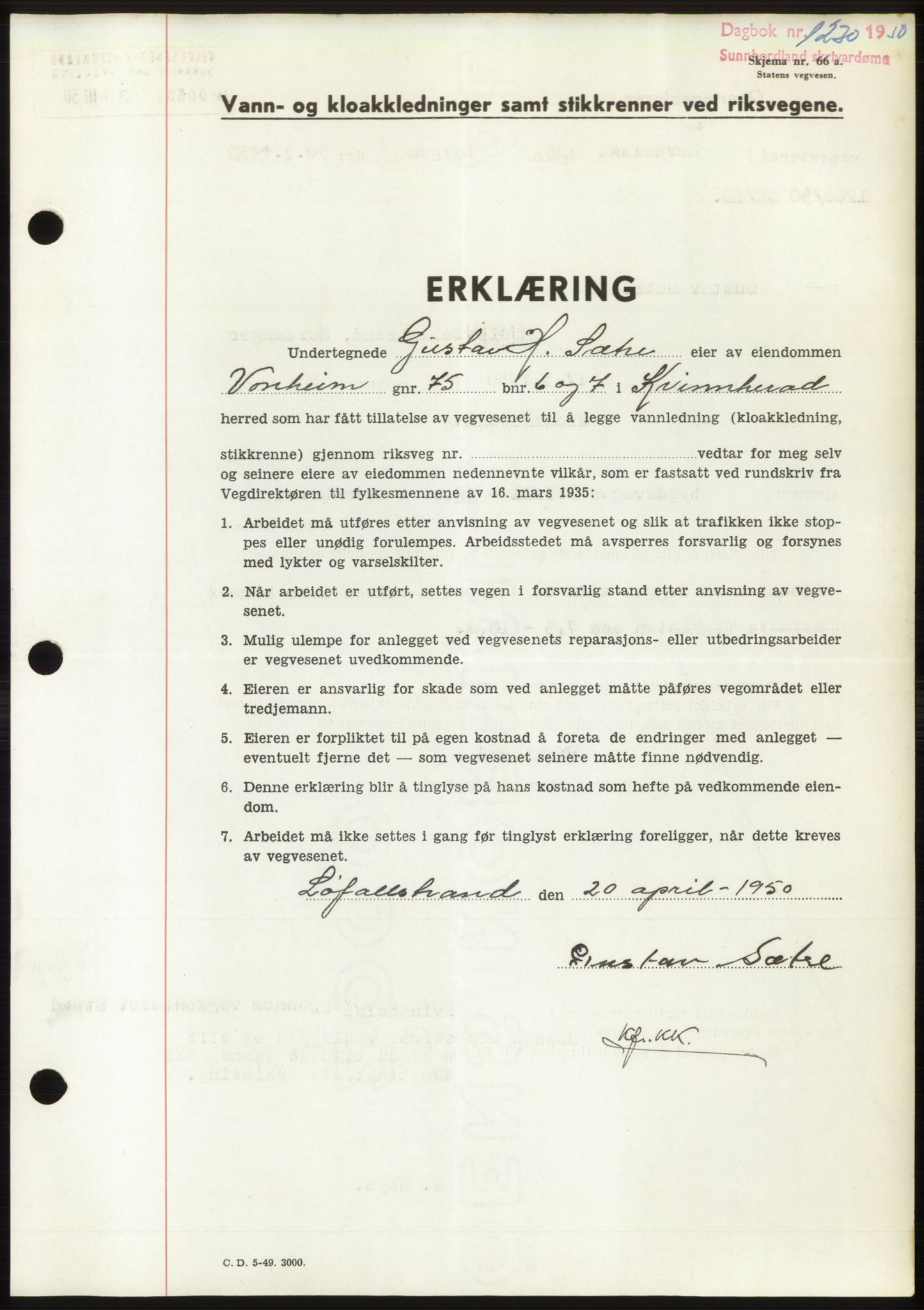 Sunnhordland sorenskrivar, AV/SAB-A-2401: Mortgage book no. B75-79, 1948-1950, Diary no: : 1230/1950