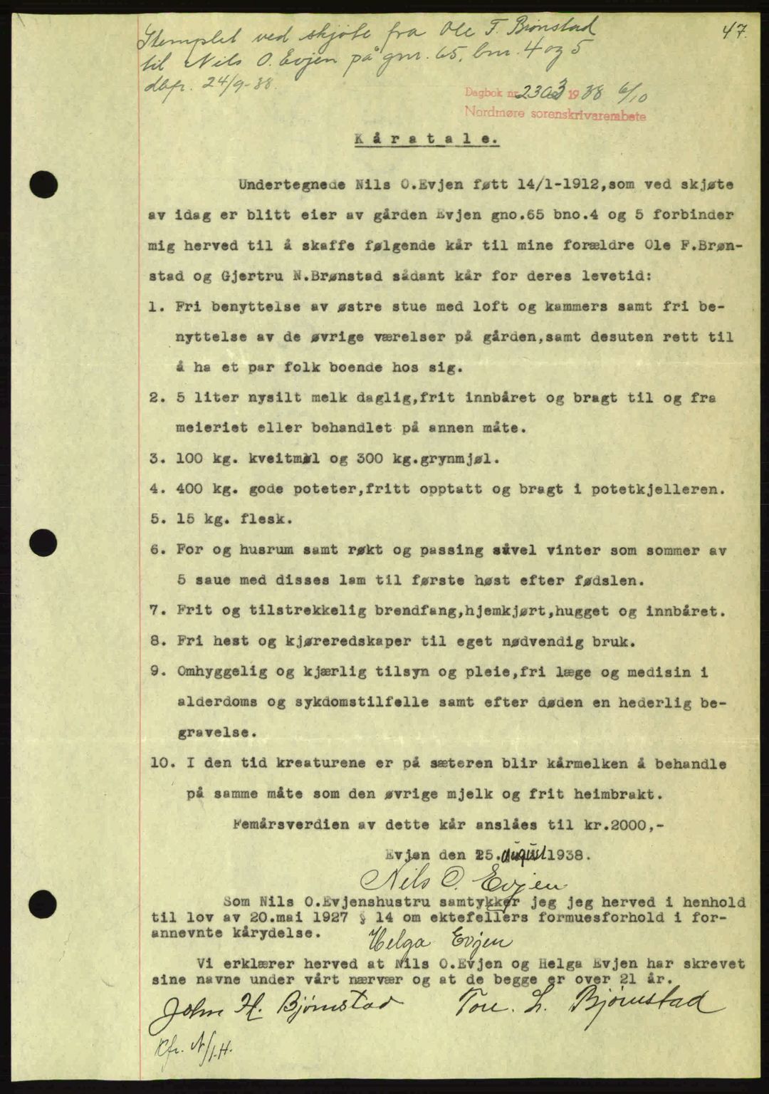 Nordmøre sorenskriveri, SAT/A-4132/1/2/2Ca: Mortgage book no. B84, 1938-1939, Diary no: : 2303/1938