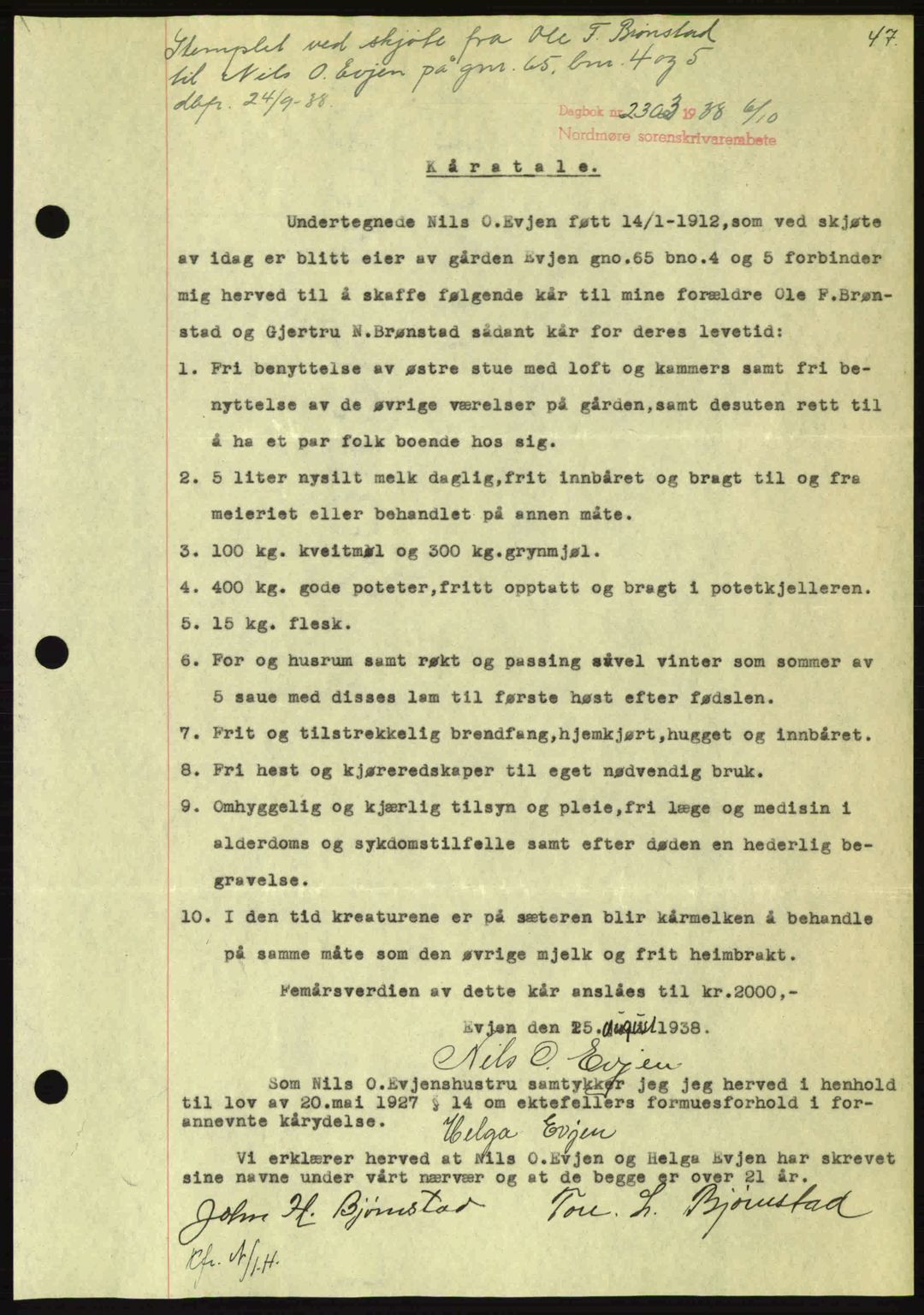 Nordmøre sorenskriveri, AV/SAT-A-4132/1/2/2Ca: Mortgage book no. B84, 1938-1939, Diary no: : 2303/1938