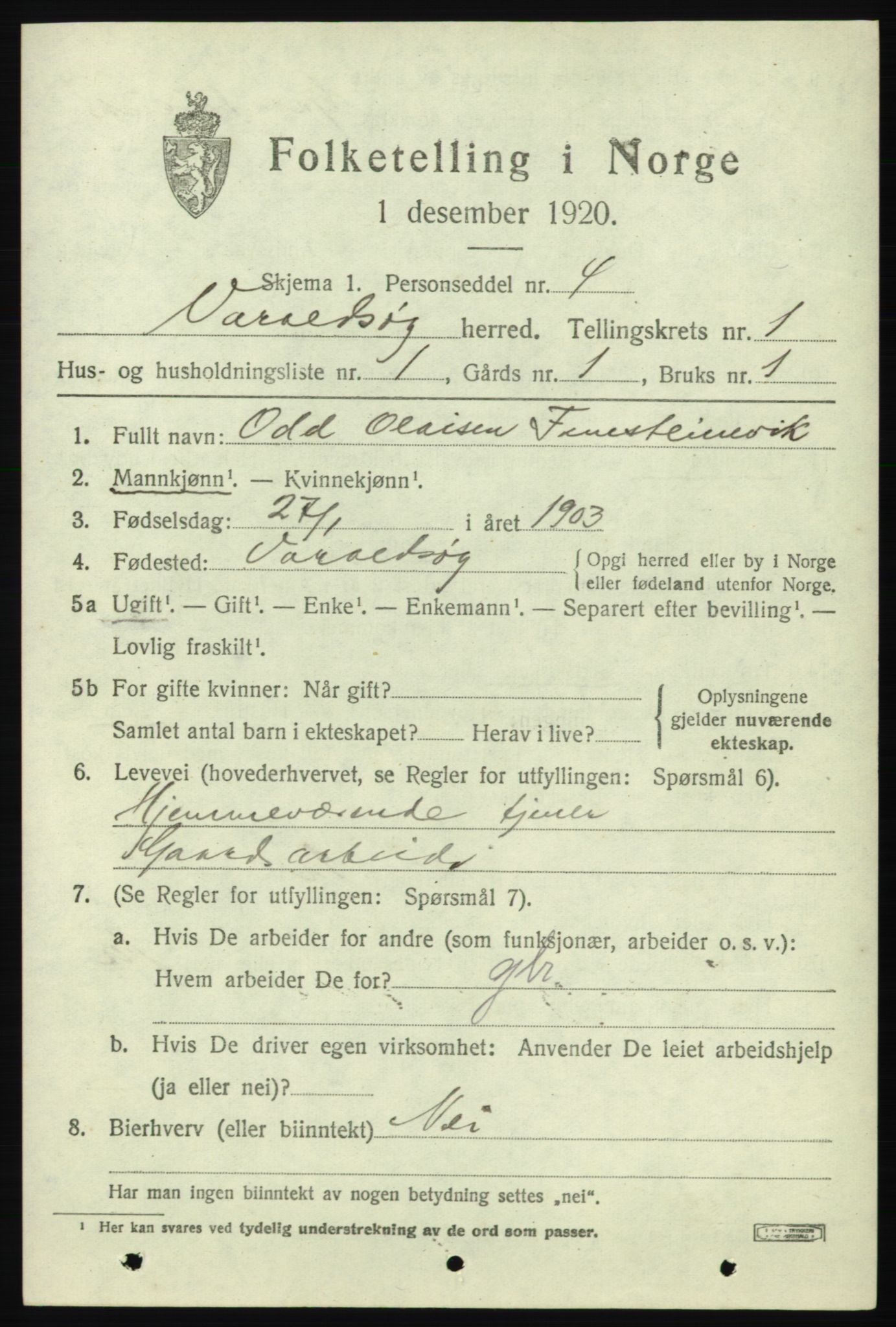 SAB, 1920 census for Varaldsøy, 1920, p. 605