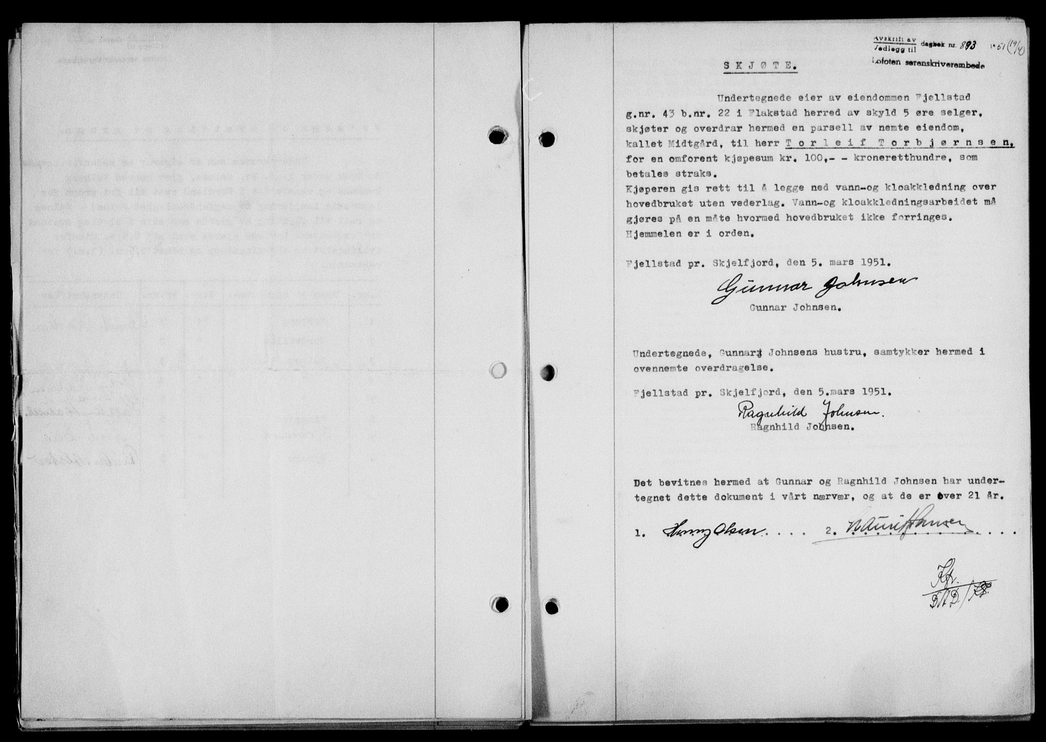 Lofoten sorenskriveri, SAT/A-0017/1/2/2C/L0025a: Mortgage book no. 25a, 1950-1951, Diary no: : 893/1951