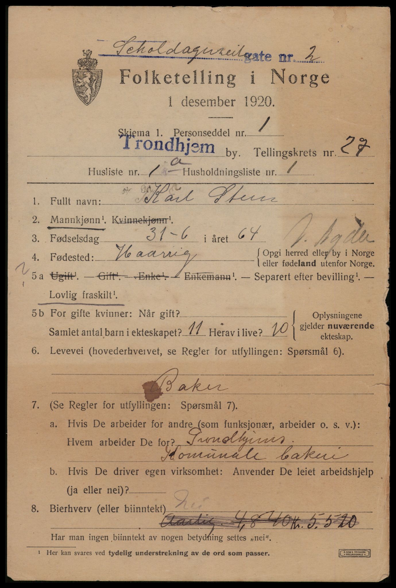 SAT, 1920 census for Trondheim, 1920, p. 69740