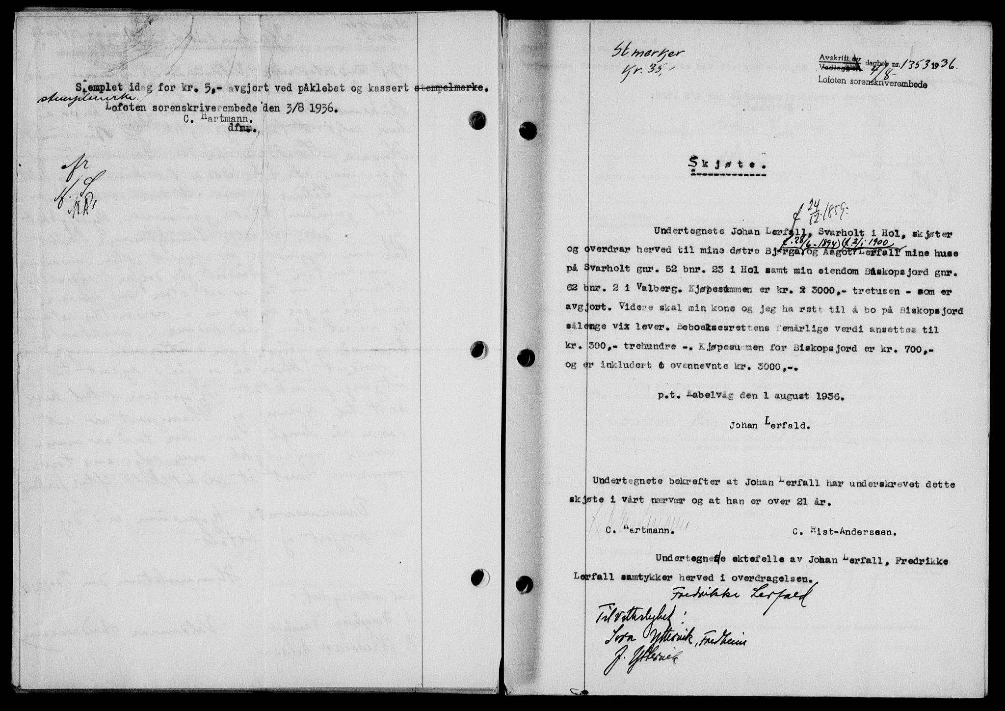 Lofoten sorenskriveri, SAT/A-0017/1/2/2C/L0001a: Mortgage book no. 1a, 1936-1937, Diary no: : 1353/1936