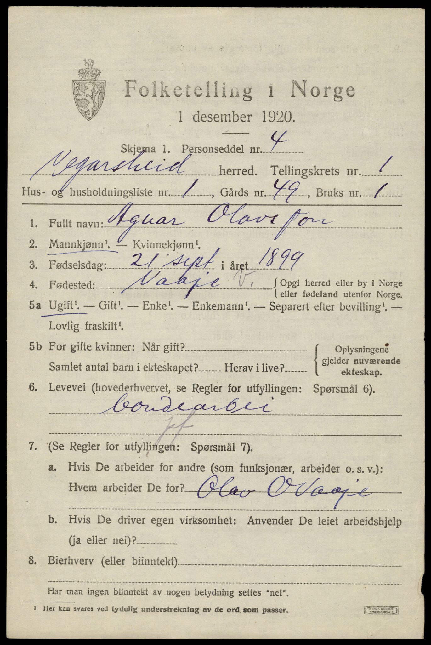 SAK, 1920 census for Vegårshei, 1920, p. 674