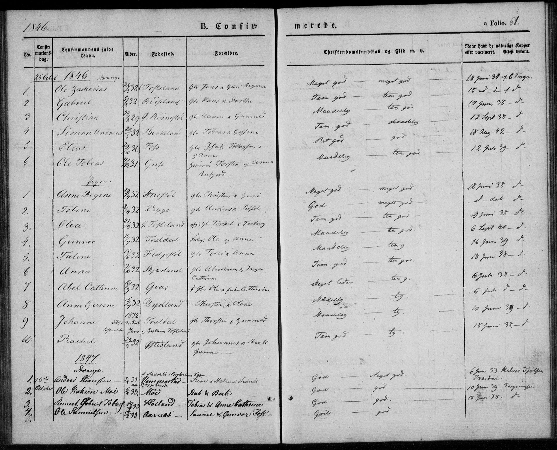 Lyngdal sokneprestkontor, AV/SAK-1111-0029/F/Fa/Fab/L0001: Parish register (official) no. A 1, 1838-1860, p. 61