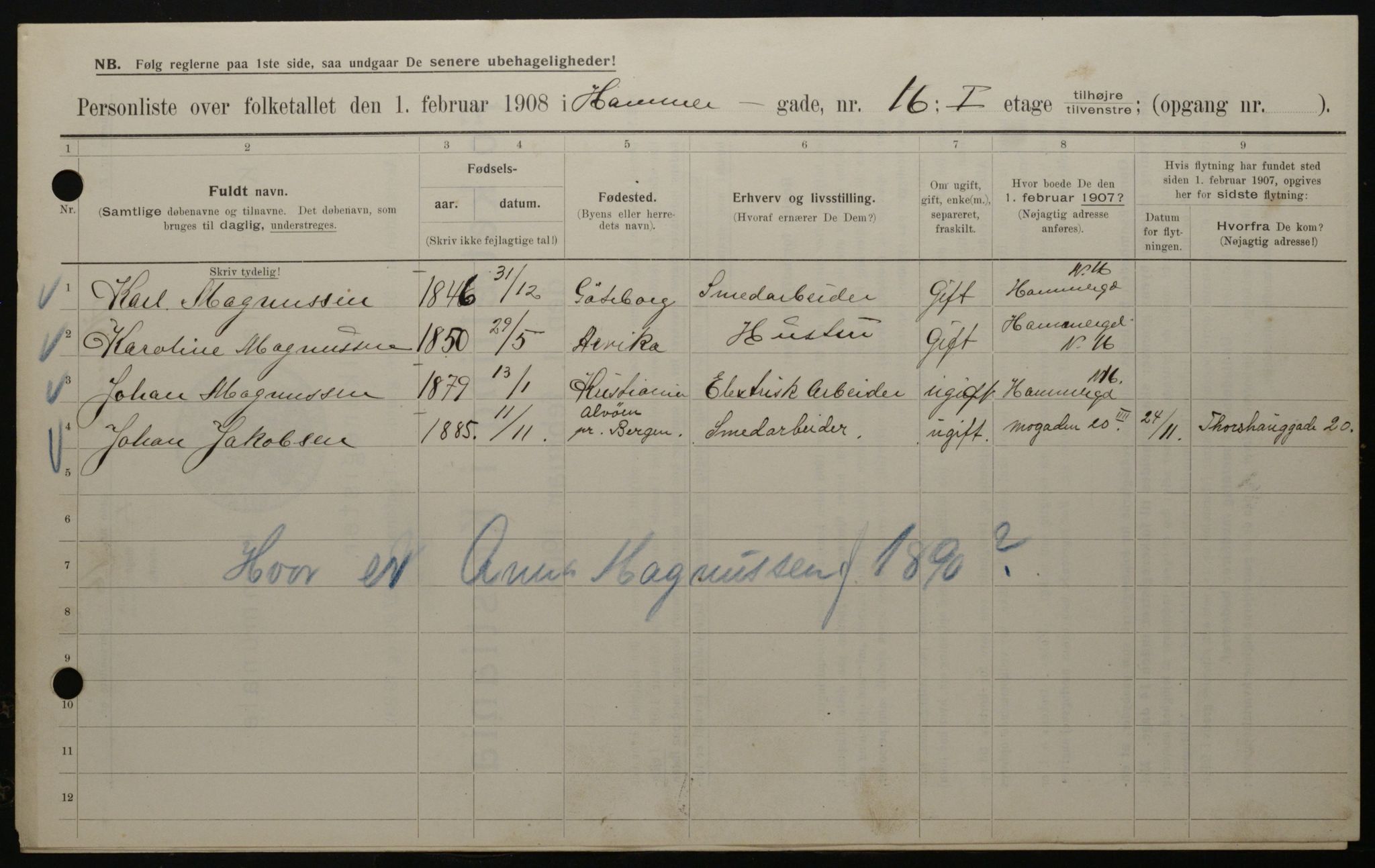 OBA, Municipal Census 1908 for Kristiania, 1908, p. 30991