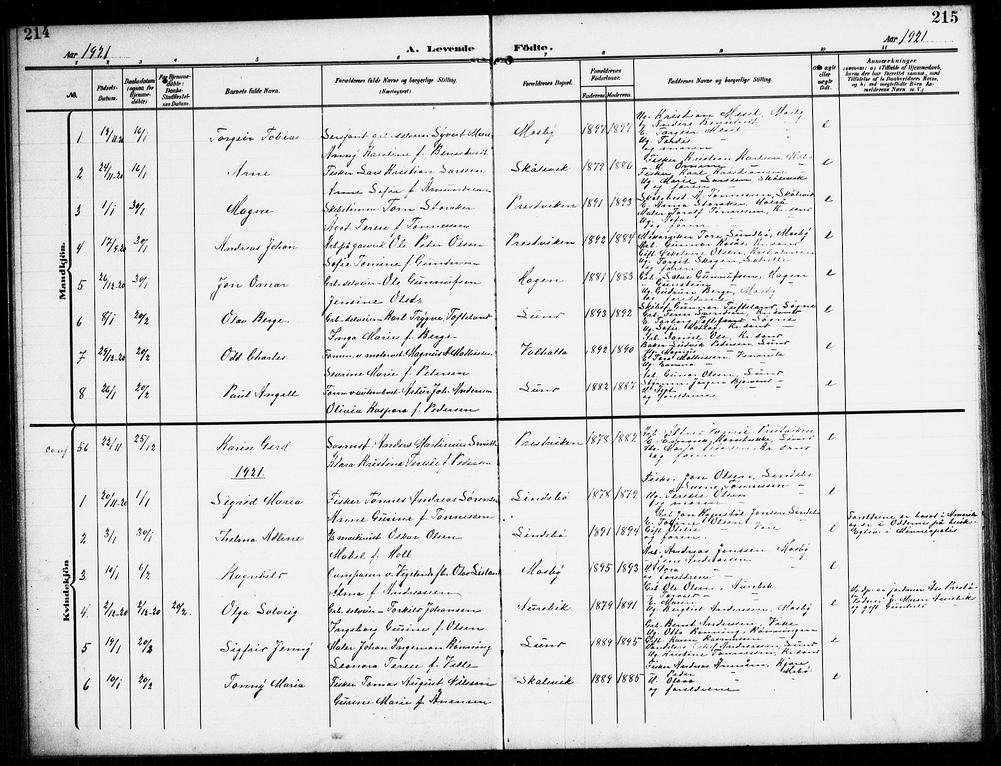 Oddernes sokneprestkontor, SAK/1111-0033/F/Fb/Fba/L0010: Parish register (copy) no. B 10, 1907-1941, p. 214-215