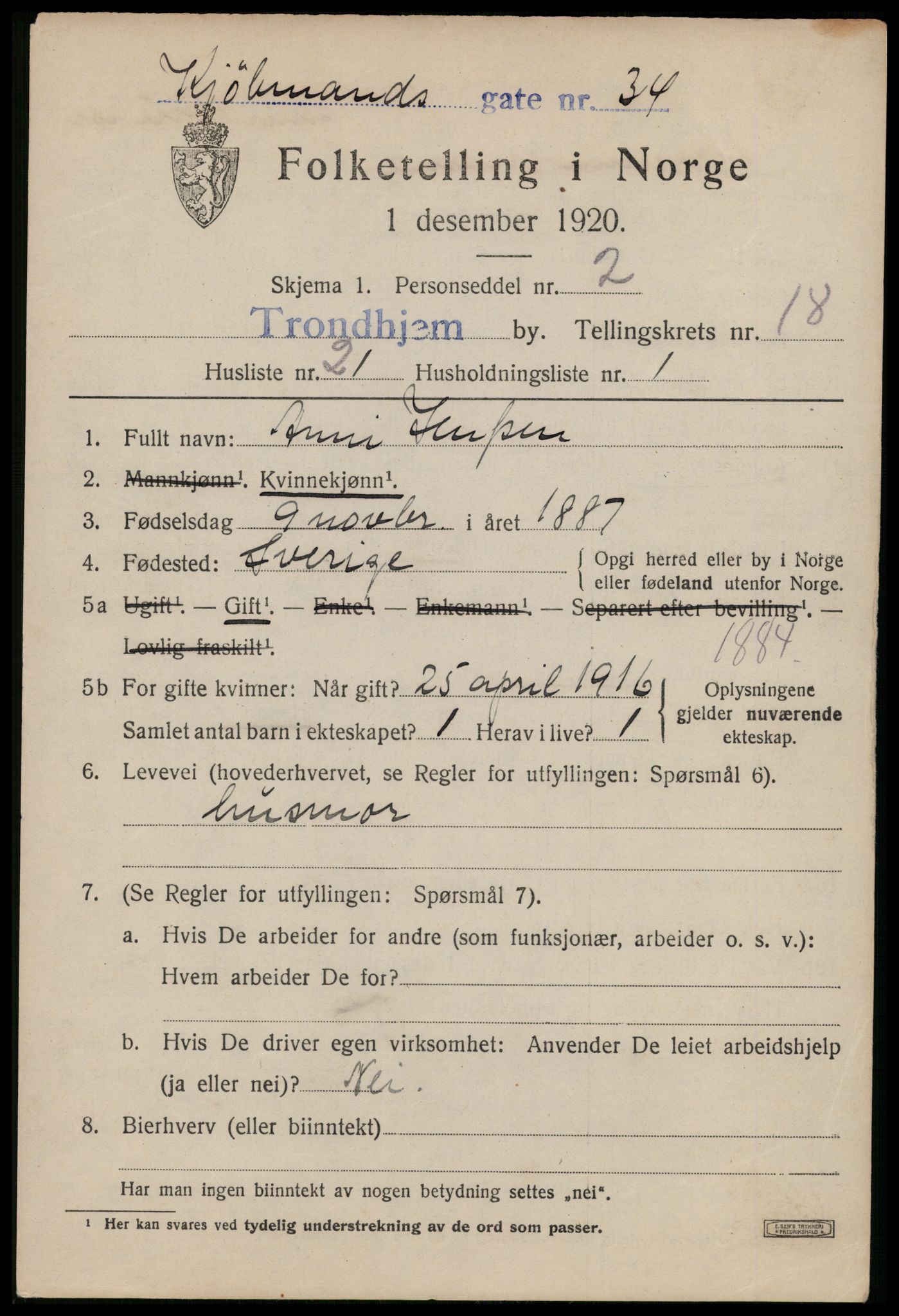 SAT, 1920 census for Trondheim, 1920, p. 56680