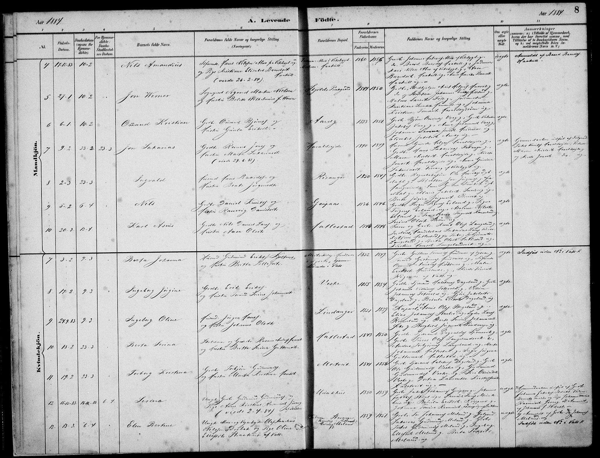 Skjold sokneprestkontor, AV/SAST-A-101847/H/Ha/Haa/L0010: Parish register (official) no. A 10, 1882-1897, p. 8