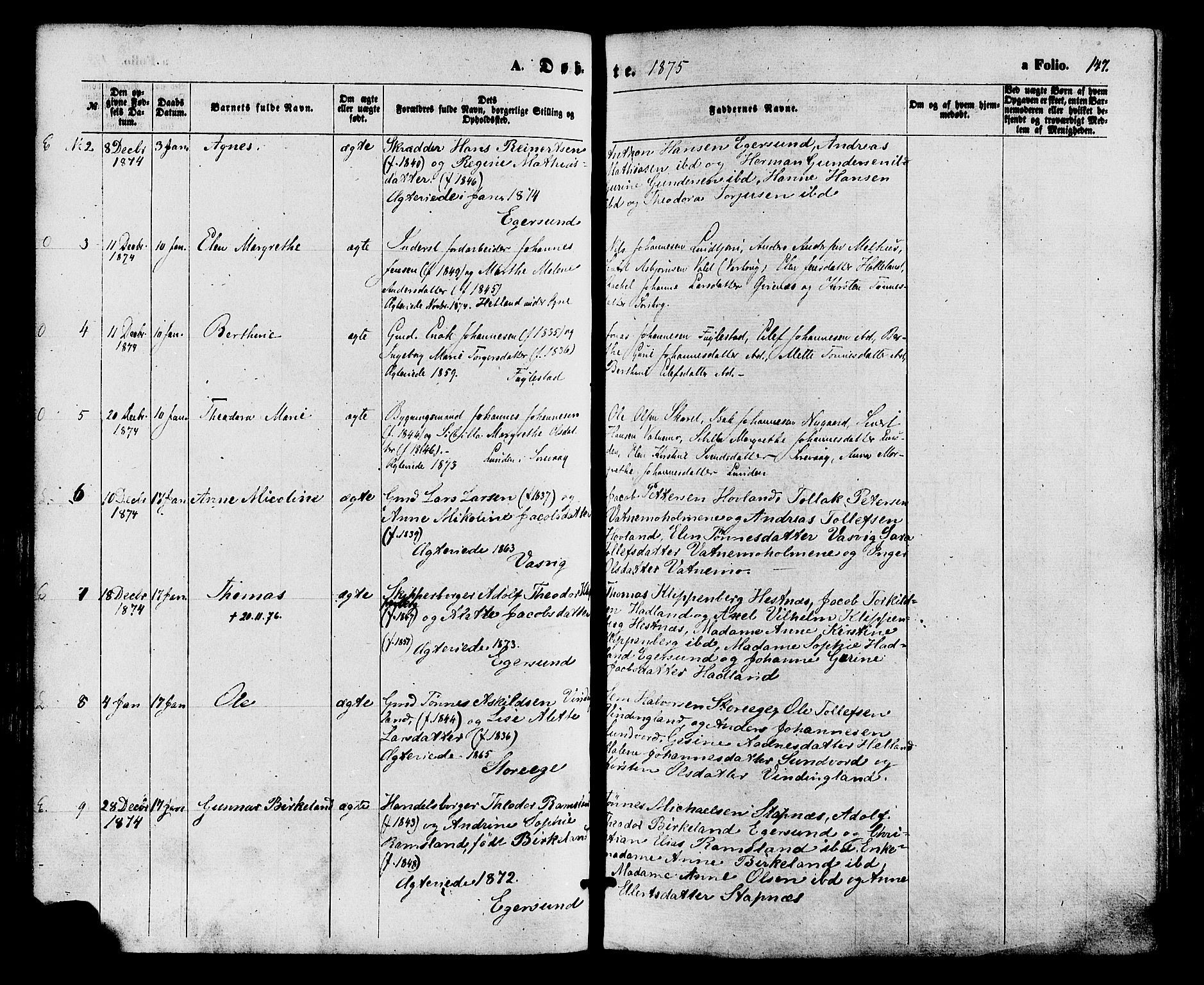 Eigersund sokneprestkontor, AV/SAST-A-101807/S08/L0014: Parish register (official) no. A 13, 1866-1878, p. 147