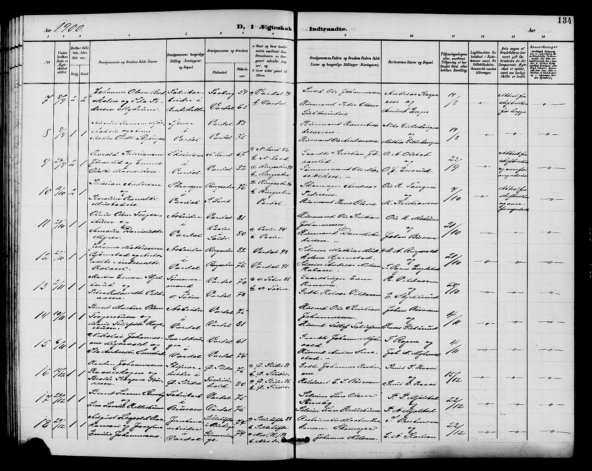 Vardal prestekontor, SAH/PREST-100/H/Ha/Hab/L0011: Parish register (copy) no. 11, 1899-1913, p. 134