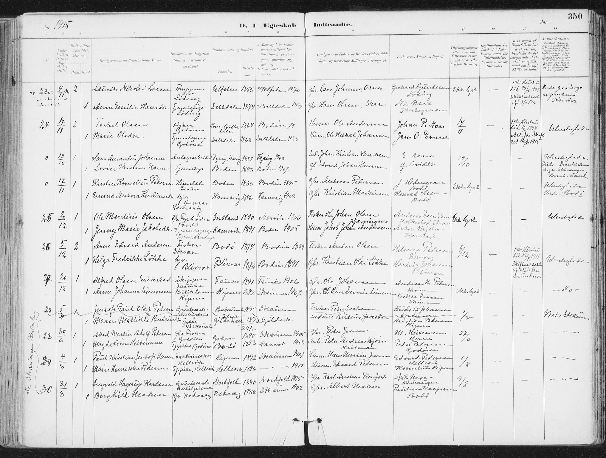 Ministerialprotokoller, klokkerbøker og fødselsregistre - Nordland, AV/SAT-A-1459/802/L0055: Parish register (official) no. 802A02, 1894-1915, p. 350