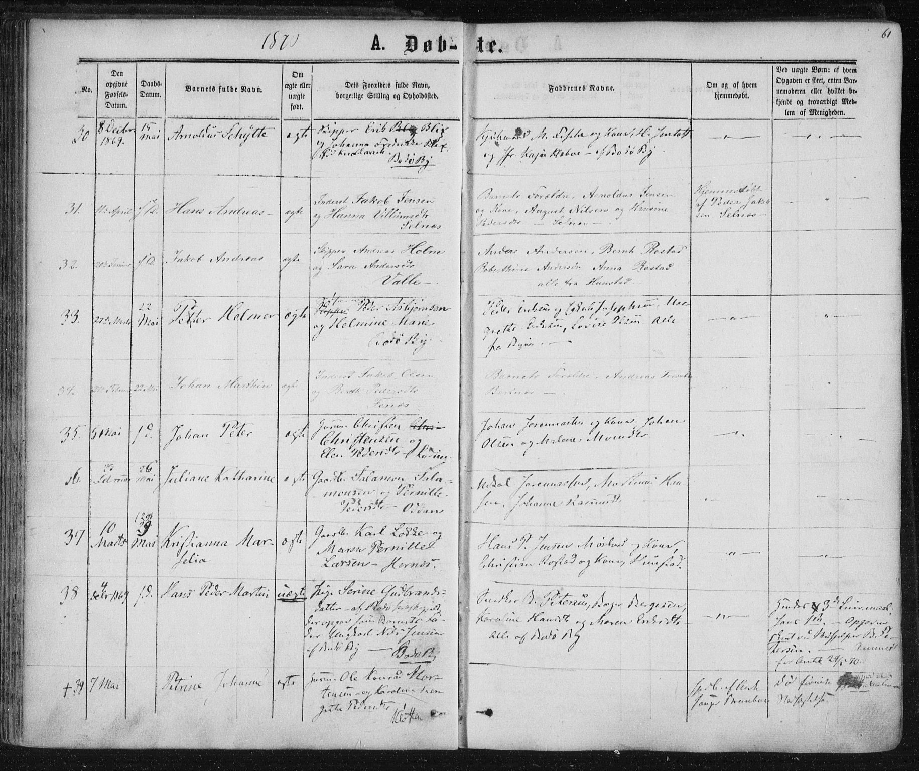Ministerialprotokoller, klokkerbøker og fødselsregistre - Nordland, SAT/A-1459/801/L0008: Parish register (official) no. 801A08, 1864-1875, p. 61