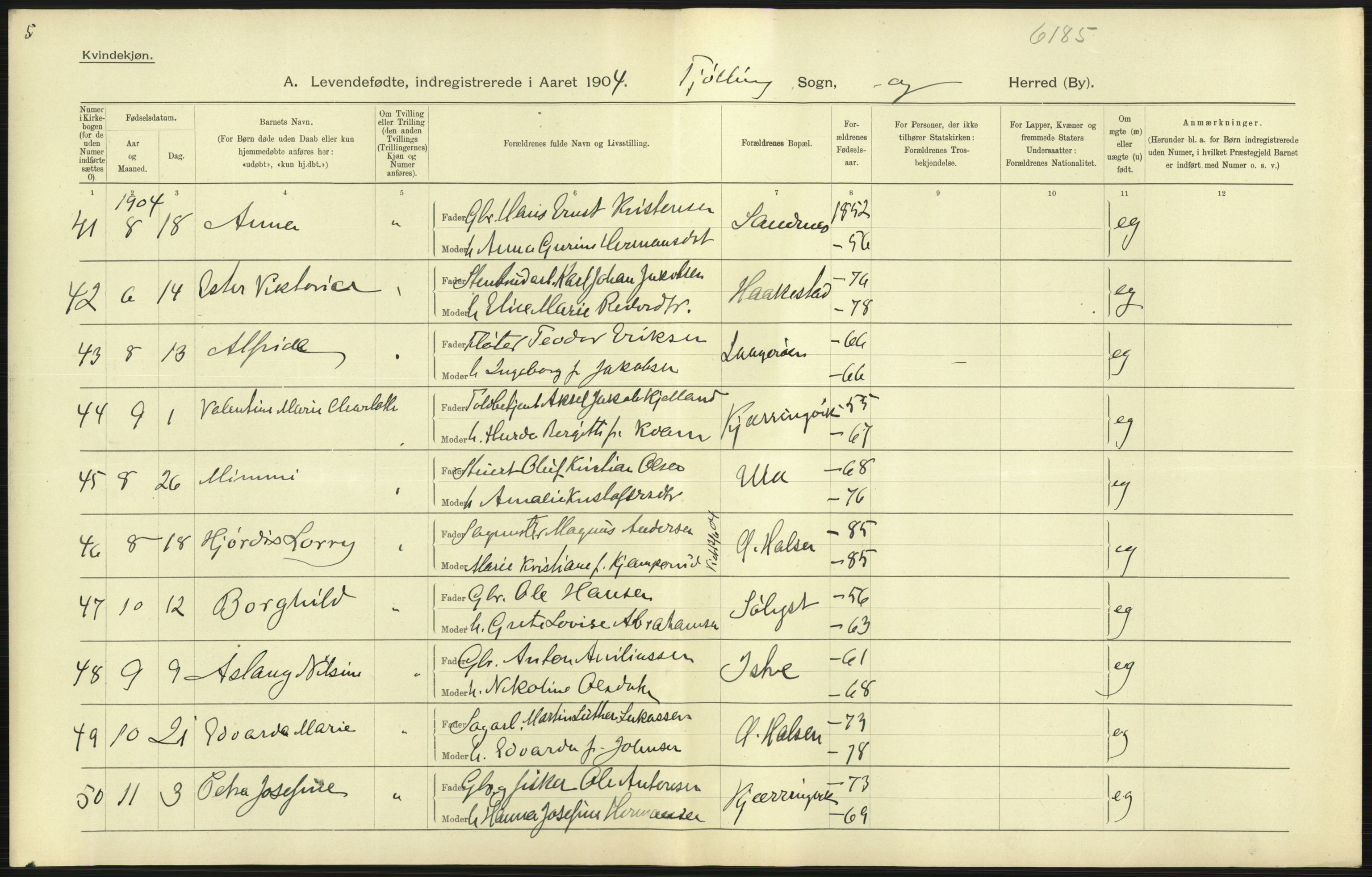 Statistisk sentralbyrå, Sosiodemografiske emner, Befolkning, AV/RA-S-2228/D/Df/Dfa/Dfab/L0008: Jarlsberg og Larvig amt: Fødte, gifte, døde, 1904, p. 67