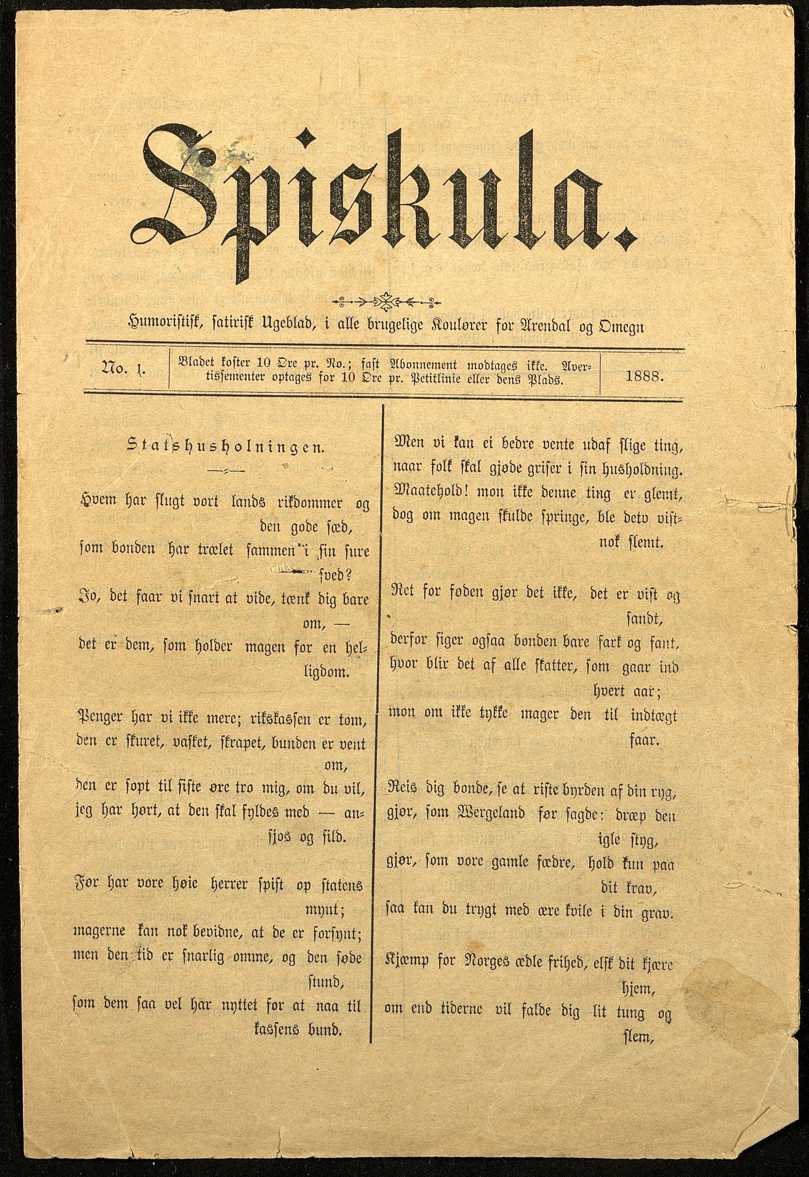 Spidskuglen, AAKS/PA-2823/X/L0001/0002: Spidskuglen / Årg. 1888, nr. 1–11, 16, 38, 43–46, 1888