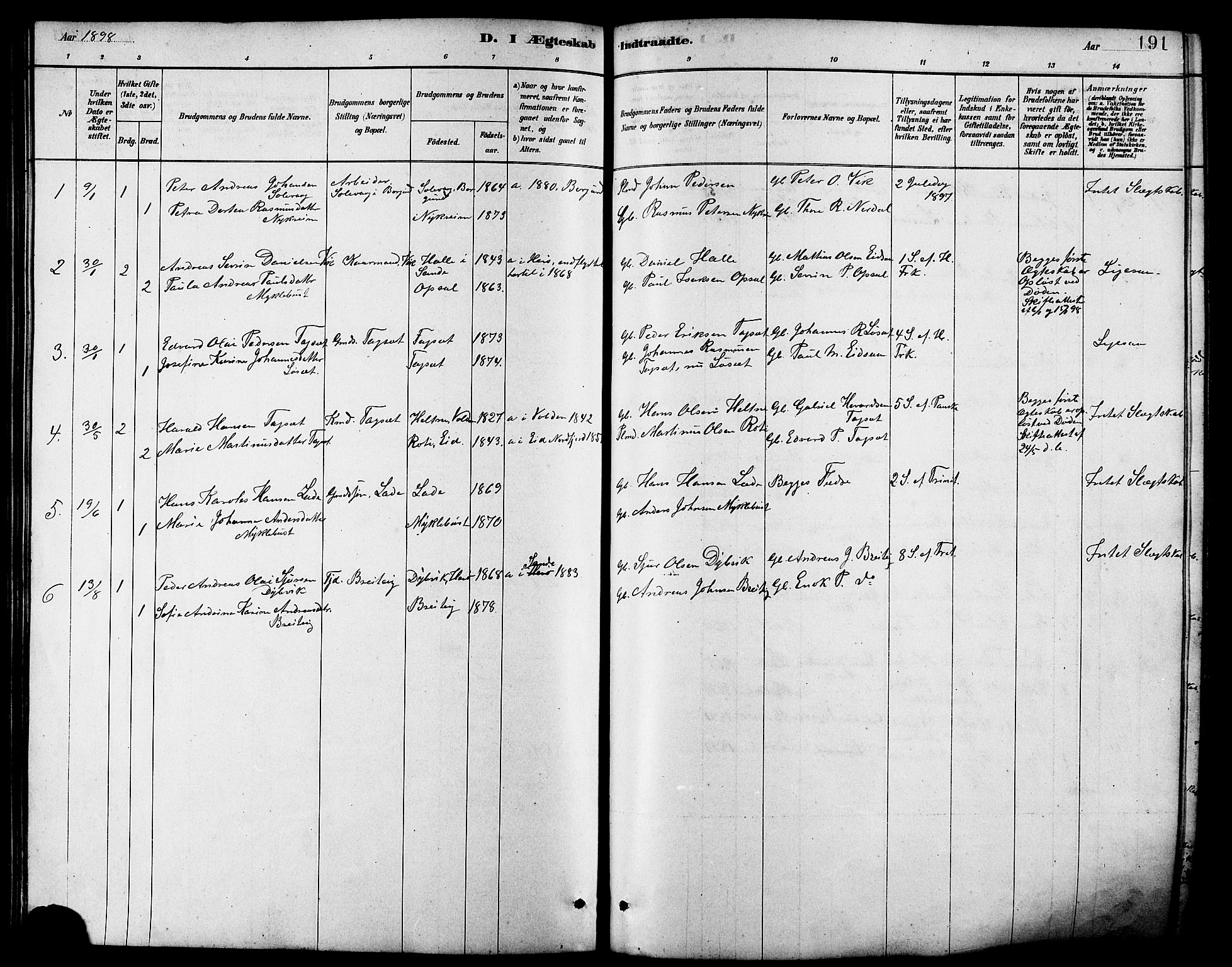 Ministerialprotokoller, klokkerbøker og fødselsregistre - Møre og Romsdal, AV/SAT-A-1454/502/L0027: Parish register (copy) no. 502C01, 1878-1908, p. 191