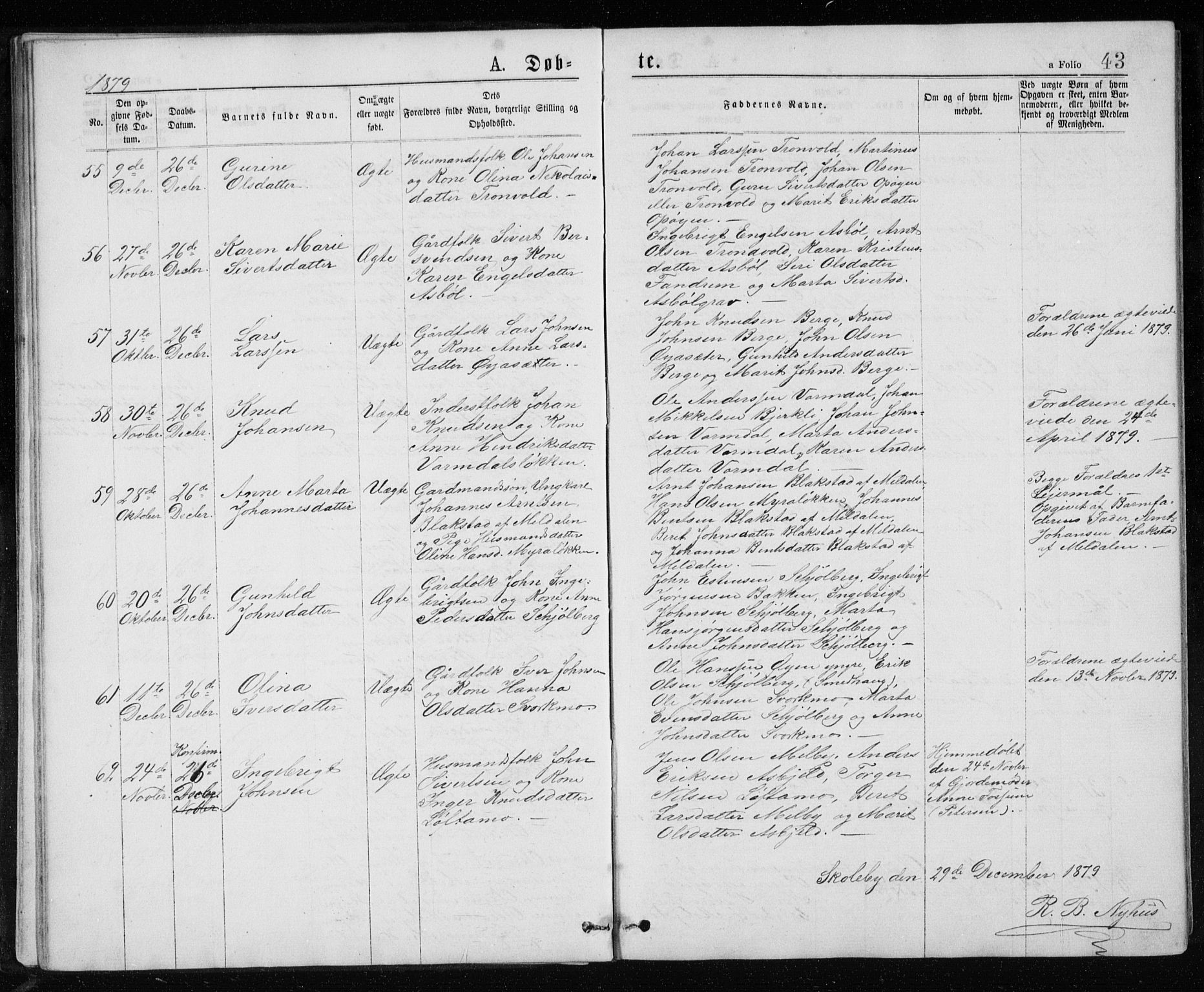 Ministerialprotokoller, klokkerbøker og fødselsregistre - Sør-Trøndelag, SAT/A-1456/671/L0843: Parish register (copy) no. 671C02, 1873-1892, p. 43