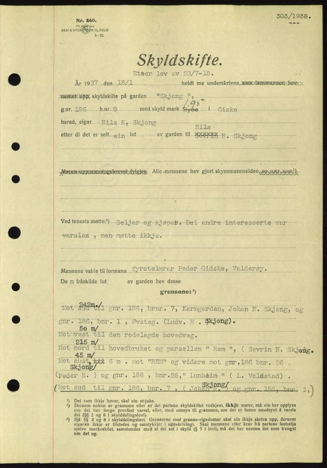 Nordre Sunnmøre sorenskriveri, AV/SAT-A-0006/1/2/2C/2Ca: Mortgage book no. A4, 1937-1938, Diary no: : 303/1938