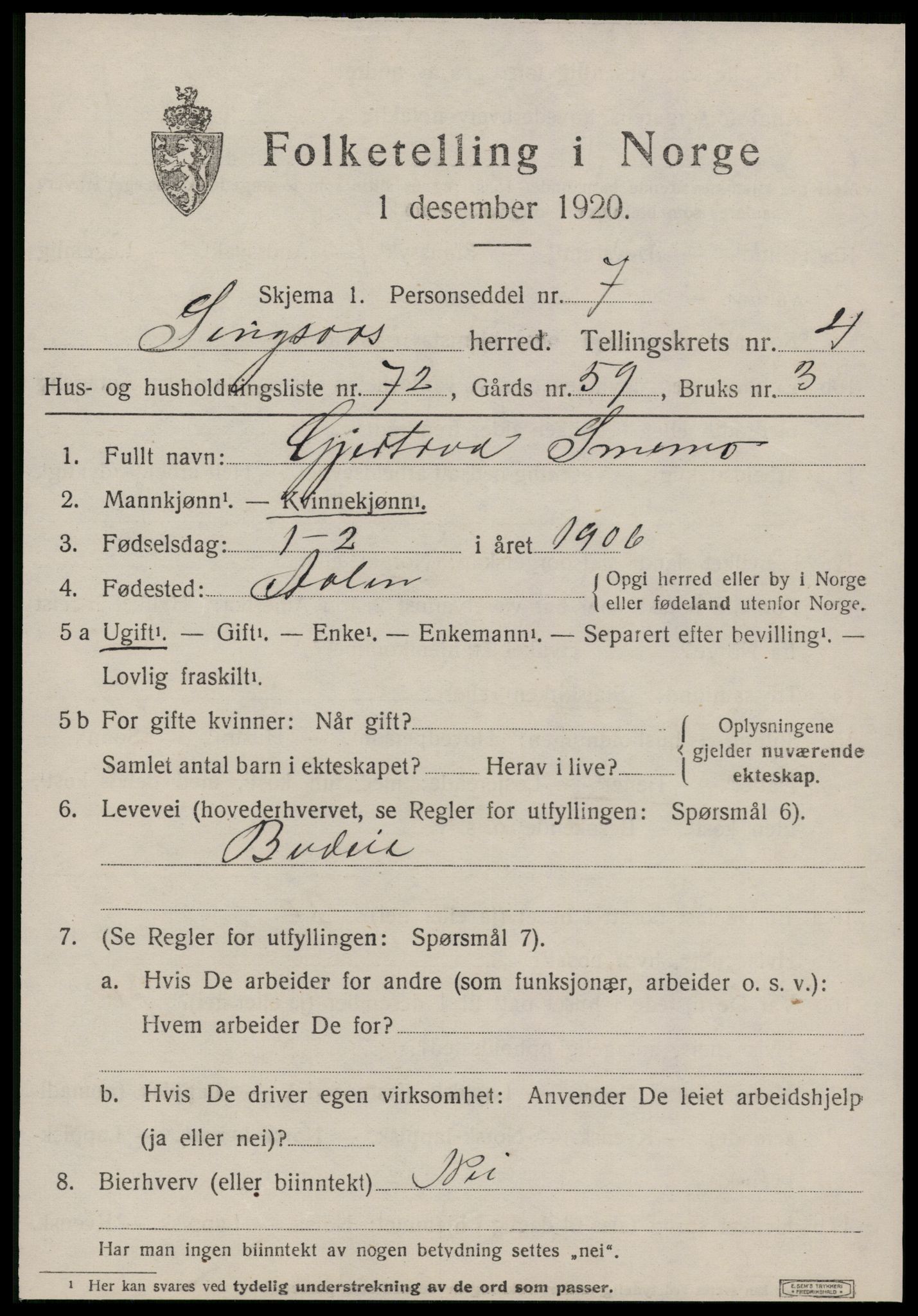 SAT, 1920 census for Singsås, 1920, p. 3015