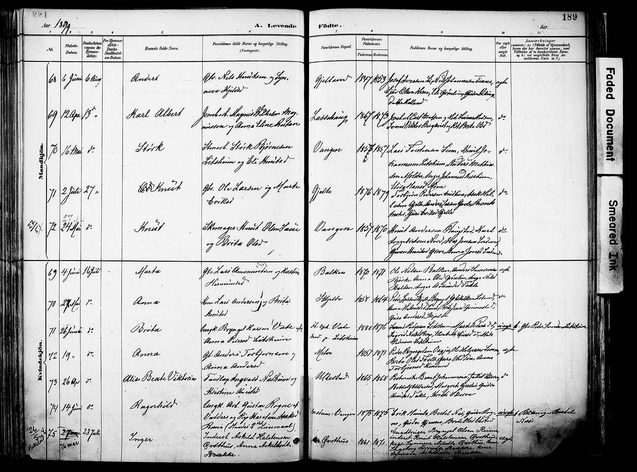 Voss sokneprestembete, SAB/A-79001/H/Haa: Parish register (official) no. A 21, 1887-1903, p. 189